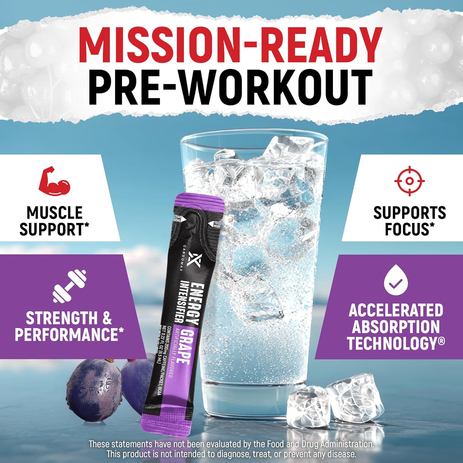 CardoMax - Energy Drink Packets - Liquid Preworkout for Men & Women Caffeine Packets with BCAA, Vitamin B12, Vitamin B6 & B3 - Sugar-Free, Zero Calorie, Vegan & Keto - 15 Stick Packs - Grape