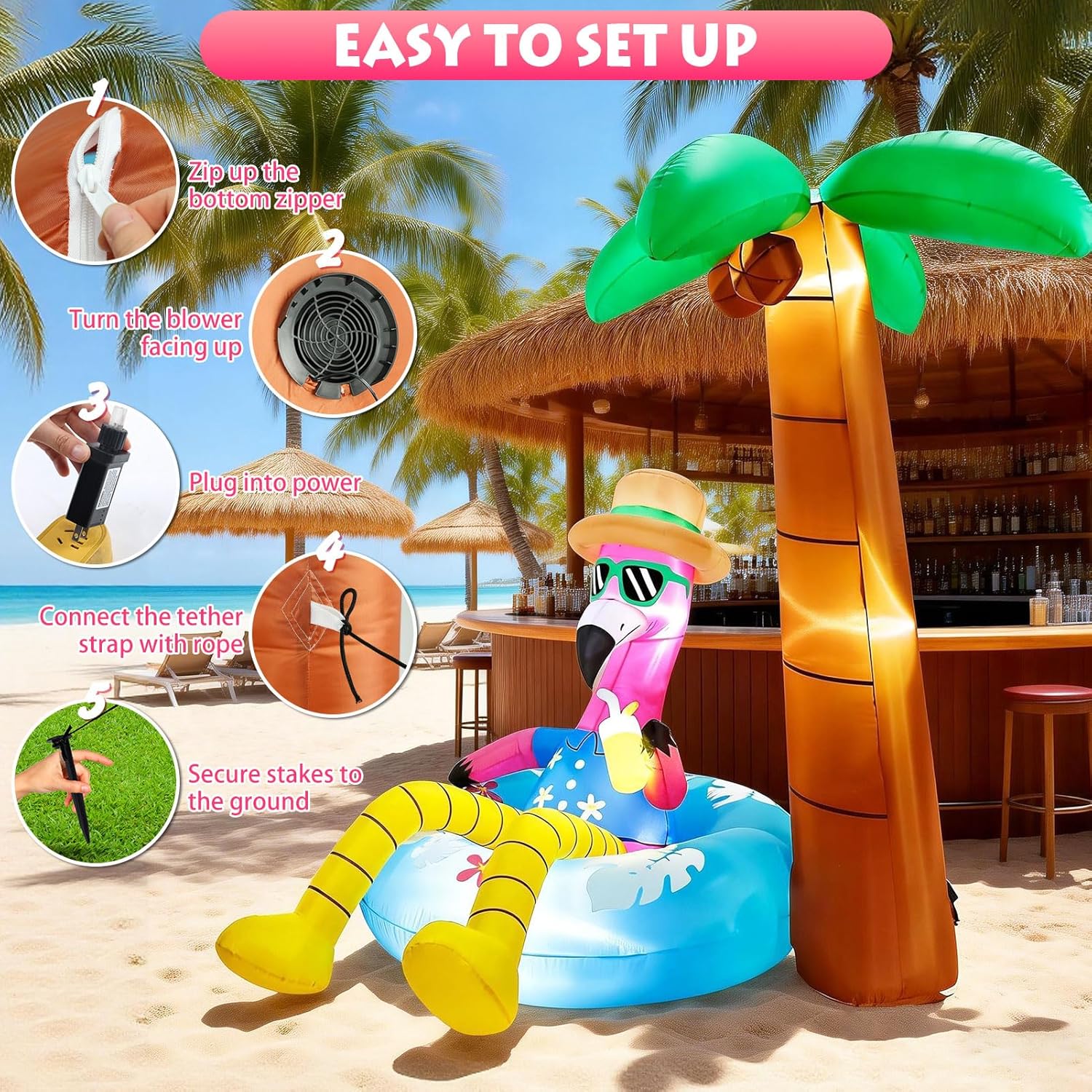 Inflatable Flamingo Outdoor Decorations with Palm Tree 6FT Hawaiian Blow up Decoration Summer Inflatables with LED Lights for Tropical Luau Party Beach Pool Supplies Yard Garden Lawn Decor