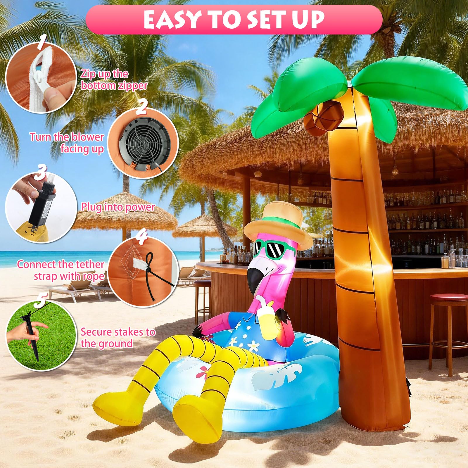 Flamant rose gonflable avec palmier de 1,8 m - Décoration d'été gonflable avec lumières LED pour fête tropicale Luau, plage, piscine, cour, jardin, pelouse