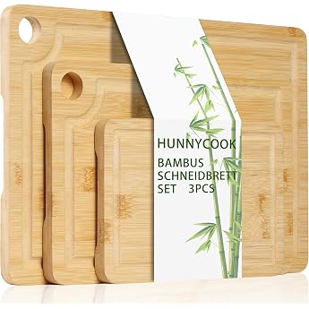 Hunnycook Wooden Chopping Board Set of 3 Wooden Board Kitchen with Deep Juice Grooves and Built-in Handles Durable Wooden Chopping Board Bread Boards and Chopping Board Bamboo Gifts for the Home
