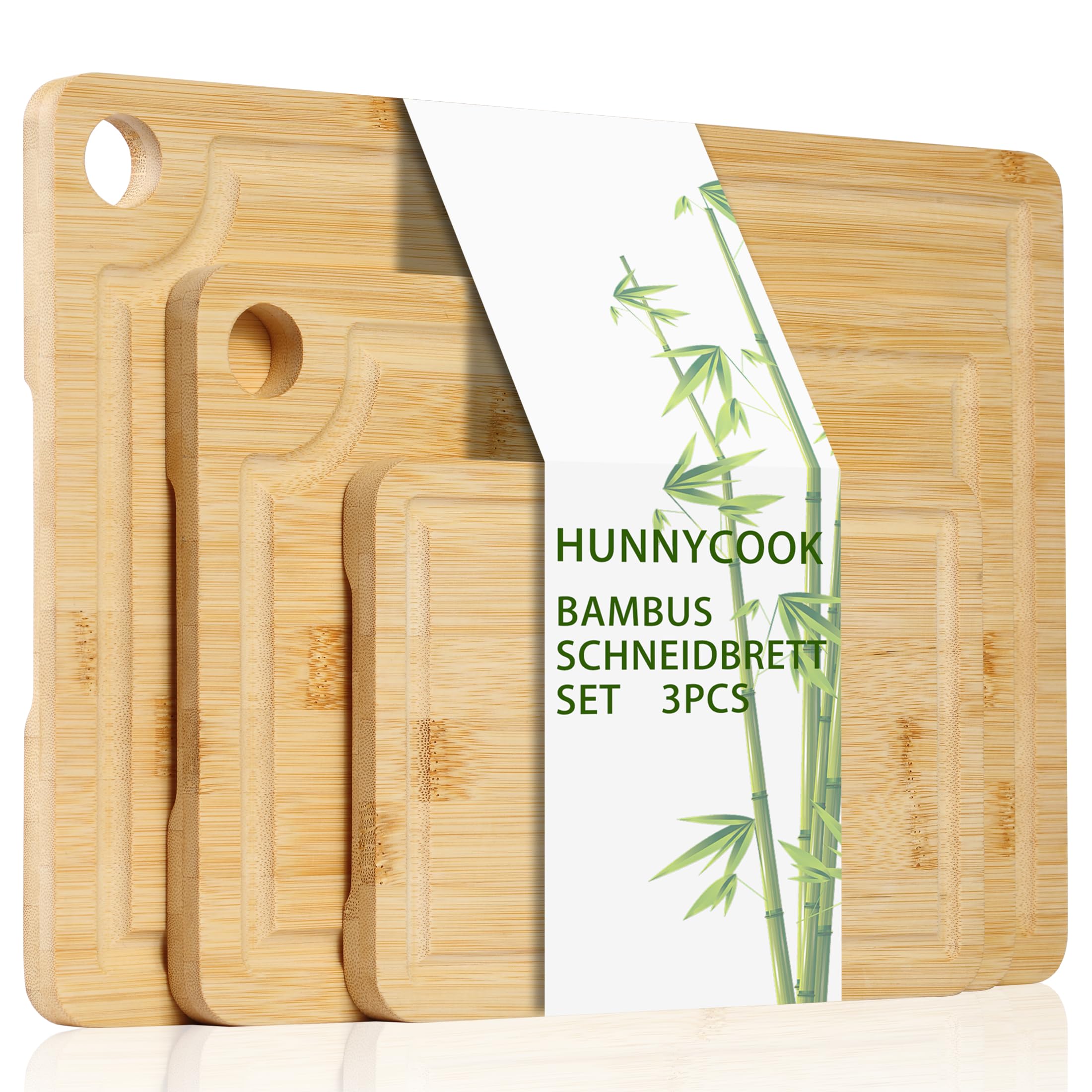Hunnycook Wooden Chopping Board, 3 Piece Set, Wooden Board Kitchen with Deep Juice Grooves and Built-in Handles, Durable Wooden Chopping Board, Bread Boards and Chopping Board, Bamboo, Gifts for Home