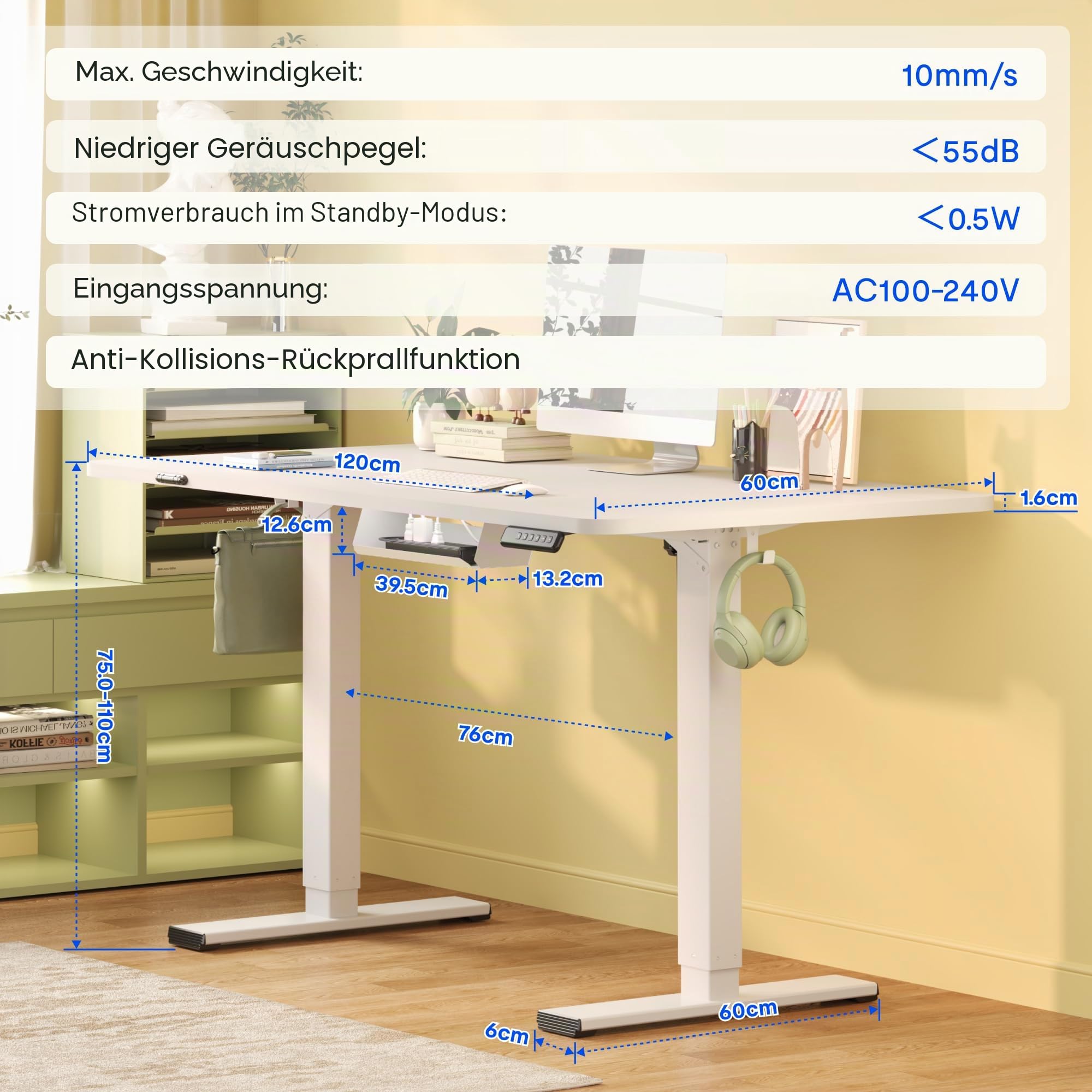 FlexiSpot Höhenverstellbarer Schreibtisch Basic 120x60cm Weiß Kabelmanagement Haken EINTEILIGER Tischplatte Ergonomischer Bürotisch