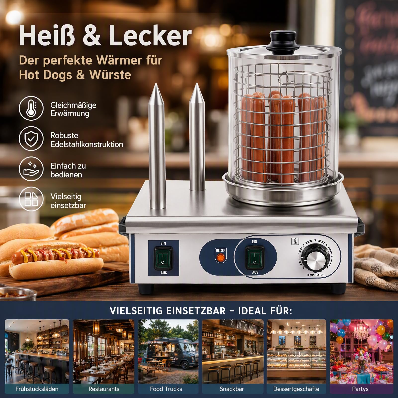 Hot Dog Wärmermaschine, 550W 220V Edelstahl Broterwärmer Würstchenwärmer Freistehend Gewerblicher Hot Dog Maschine Bockwurstwärmer mit 2 Heizspießen für Frühstücksläden Restaurants Food Trucks