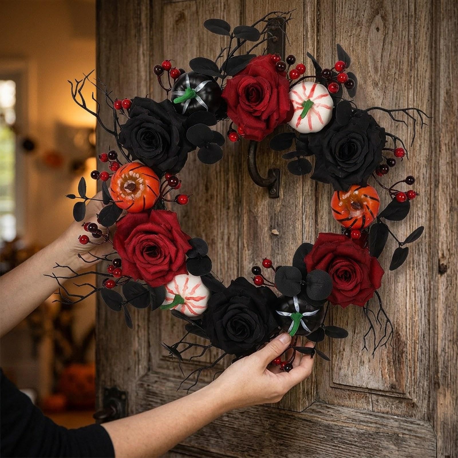 rockible Ghirlanda di Halloween per porta, ghirlanda artificiale da appendere, ornamento natalizio gotico con foglie di e per patio e