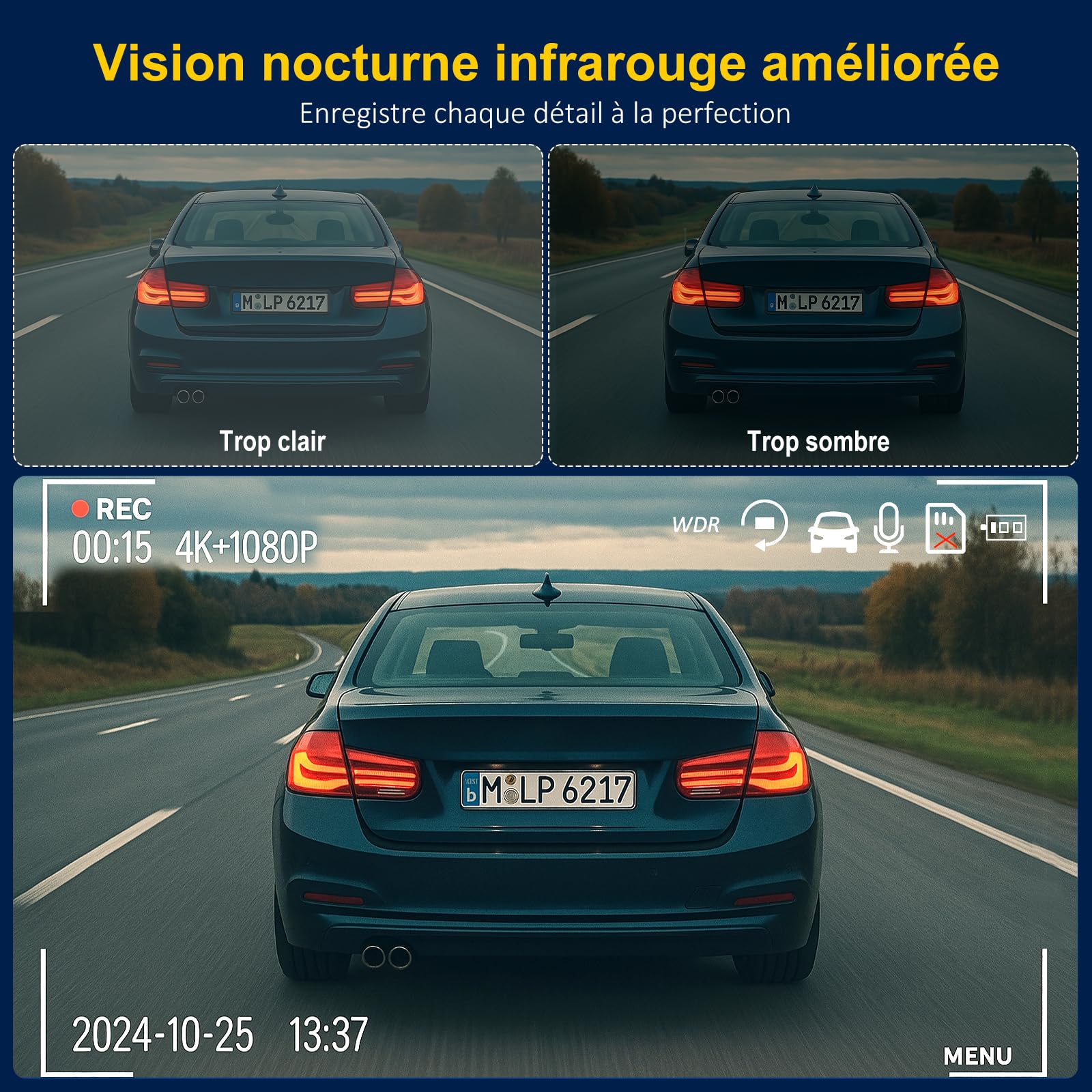 4K Dashcam Voiture, 3 canaux 4K+1080P+1080P FHD Triple Dashcam Voiture, WiFi 5 GHz, Écran IPS 3,16 Pouces,Carte 64 Go Incluse,Vision Nocturne,WDR, G-Sensor,Moniteur de Parking,Enregistrement en Boucle