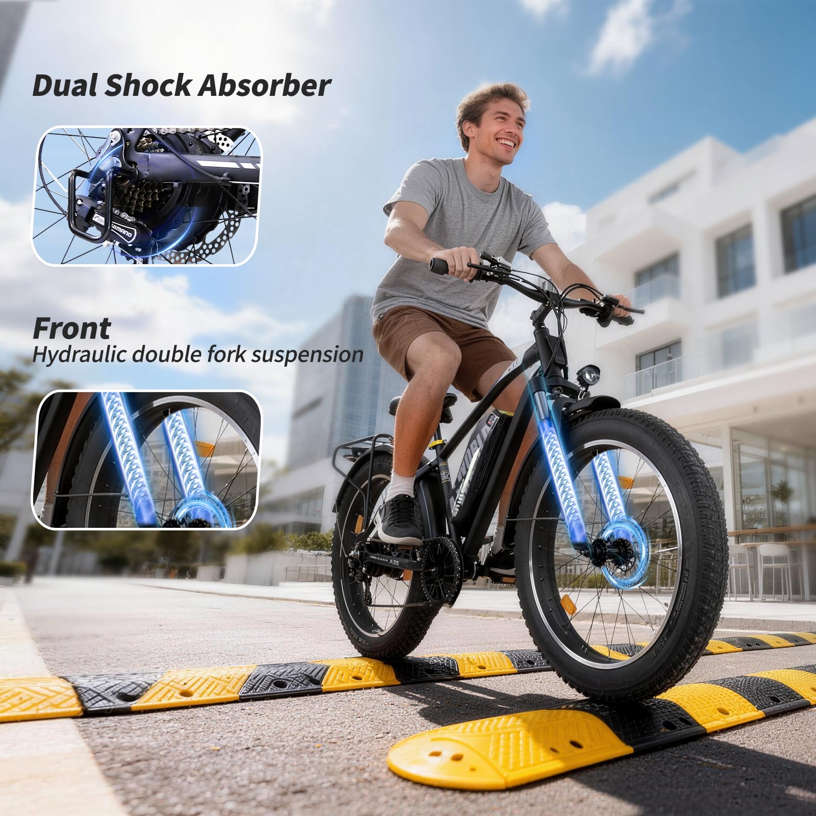 Vélo Électrique Homme Femme 26" Fat Bike, 250W Moteur, Batterie 48V 15.6Ah, Autonomie 75 km Assistance, Suspension Avant, Freins à Disque Avant et Arrière, 7 Vitesses, Écran LED
