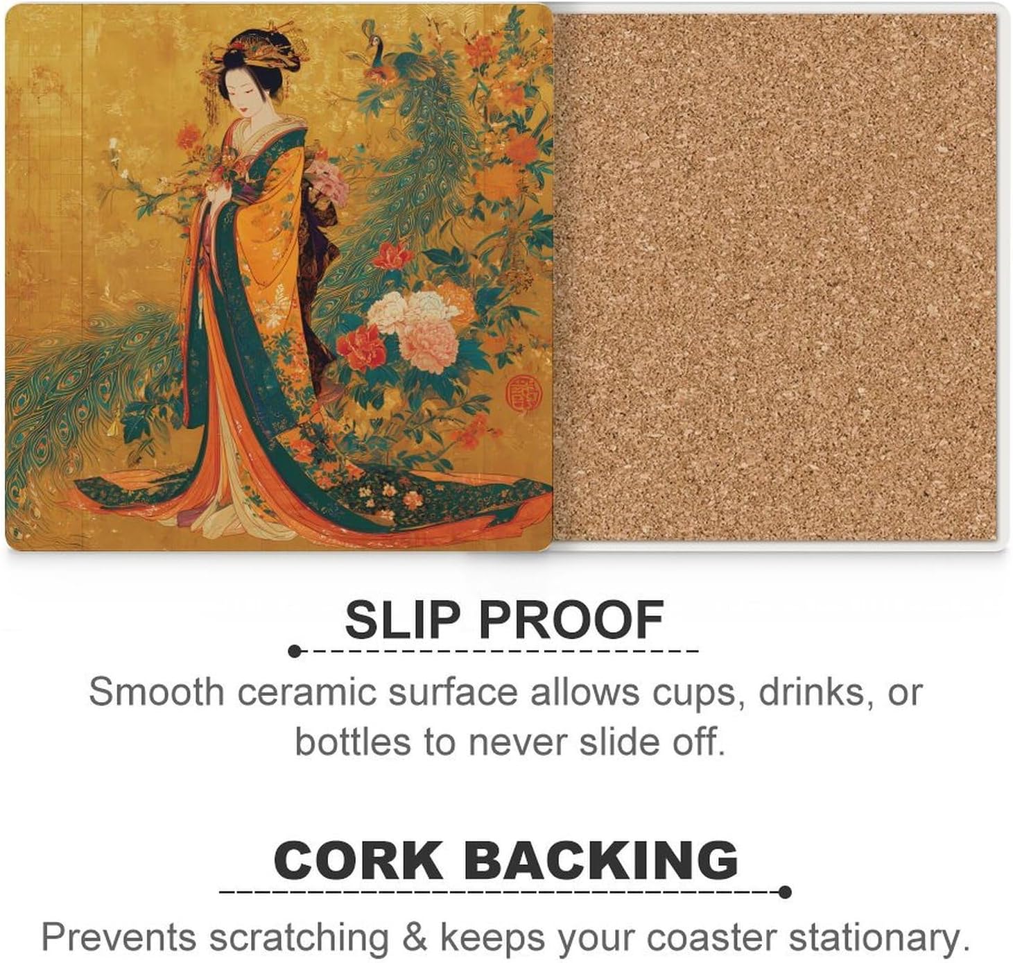 Japanese Geisha Peacock Funny Ceramic Coasters for Drinks Absorbent Cup Holder Tabletop Protector with Cork Base