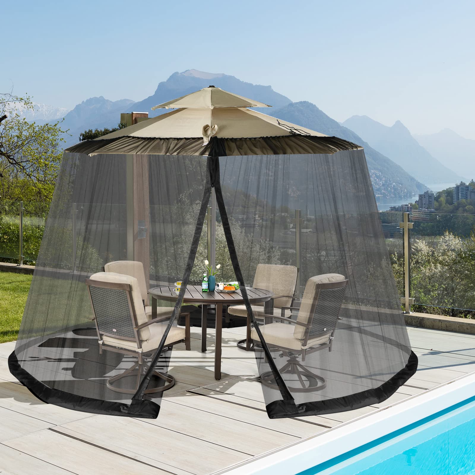 COSTWAY Zanzariera per Ombrellone da Esterno, Zanzariera Regolabile da Patio con 2 Porte a Doppia Cerniera, Rete per Copertura Ombrellone, 12,5 x 2,3 m