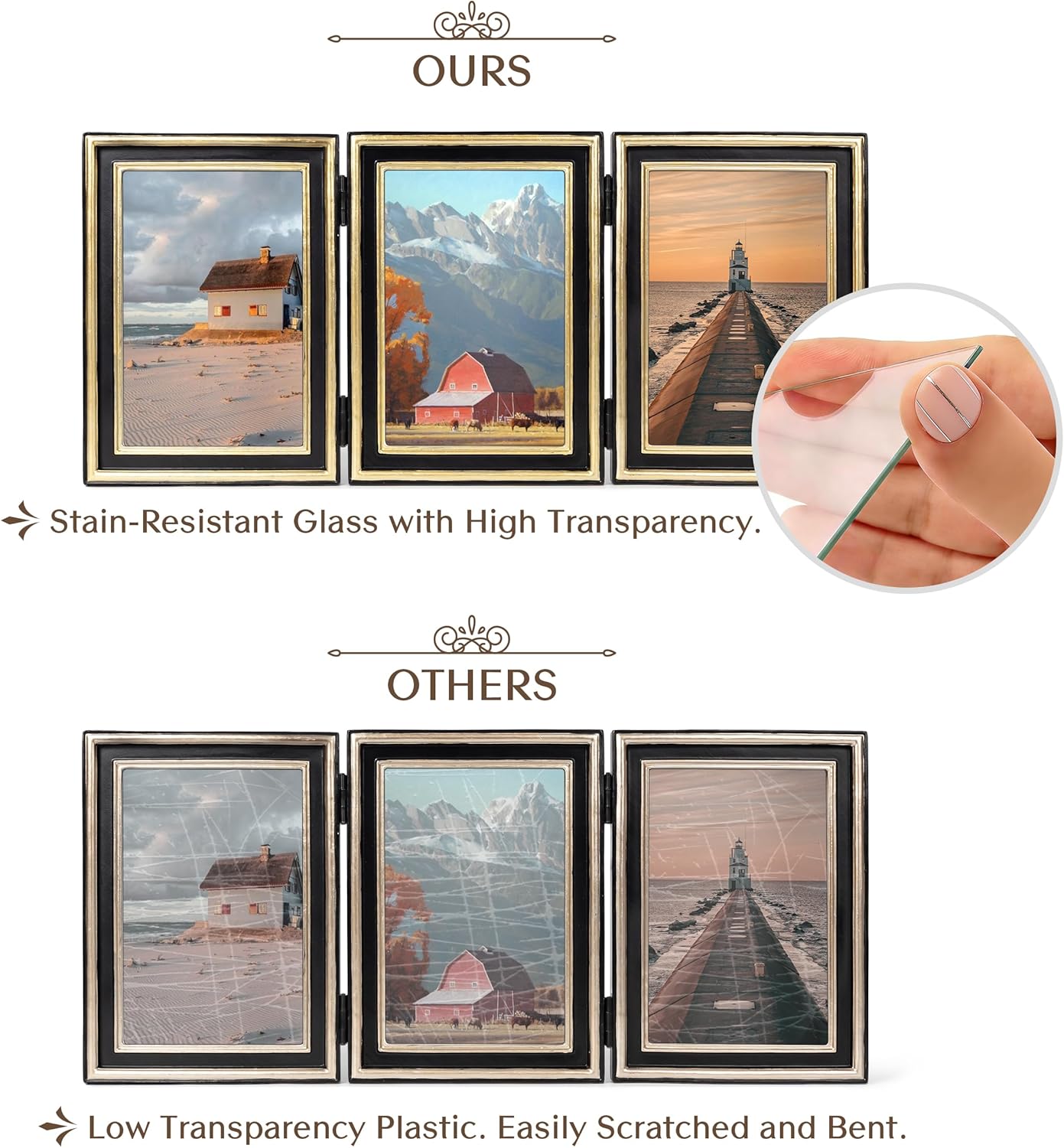 AELS 4x6 Black and Gold Resin Hinged Picture Frame Set, Luxury Antique Photo Frame Collage, Vintage Triple Picture Frames, Trifold Photo Display with Real Glass, Desktop Tabletop Decor, Gift Ideas