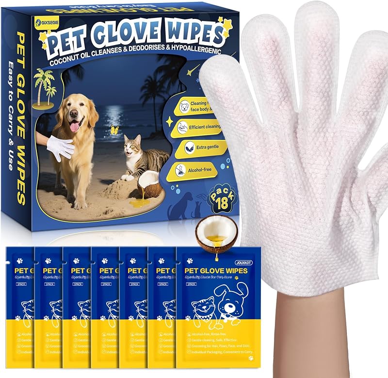 Lenços de Higiene em Luva para Cães e Gatos GIXSEGIE com Óleo de Coco, 18 unidades