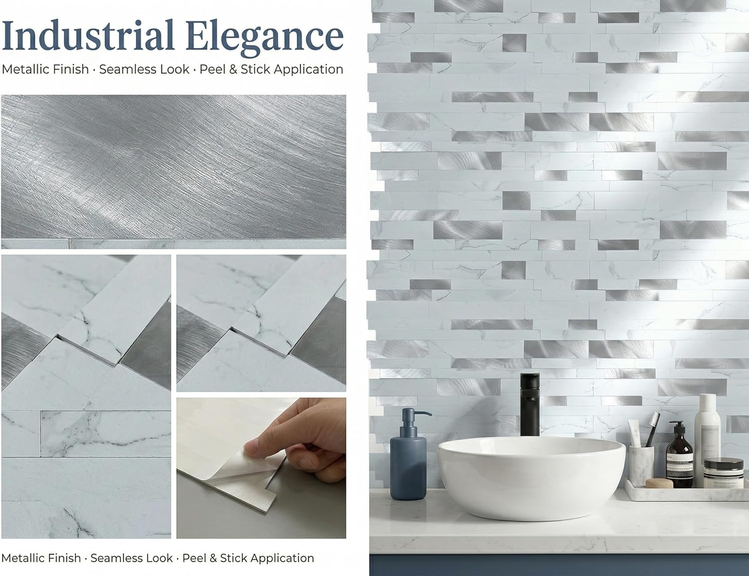 WEIMEISC 10-Sheet Peel and Stick Backsplash Tile, PVC Mixed Metal Stick on Bathroom Vanities Fireplace Décor, Laundry Table (Light Blue Marble+Frosted Silver)