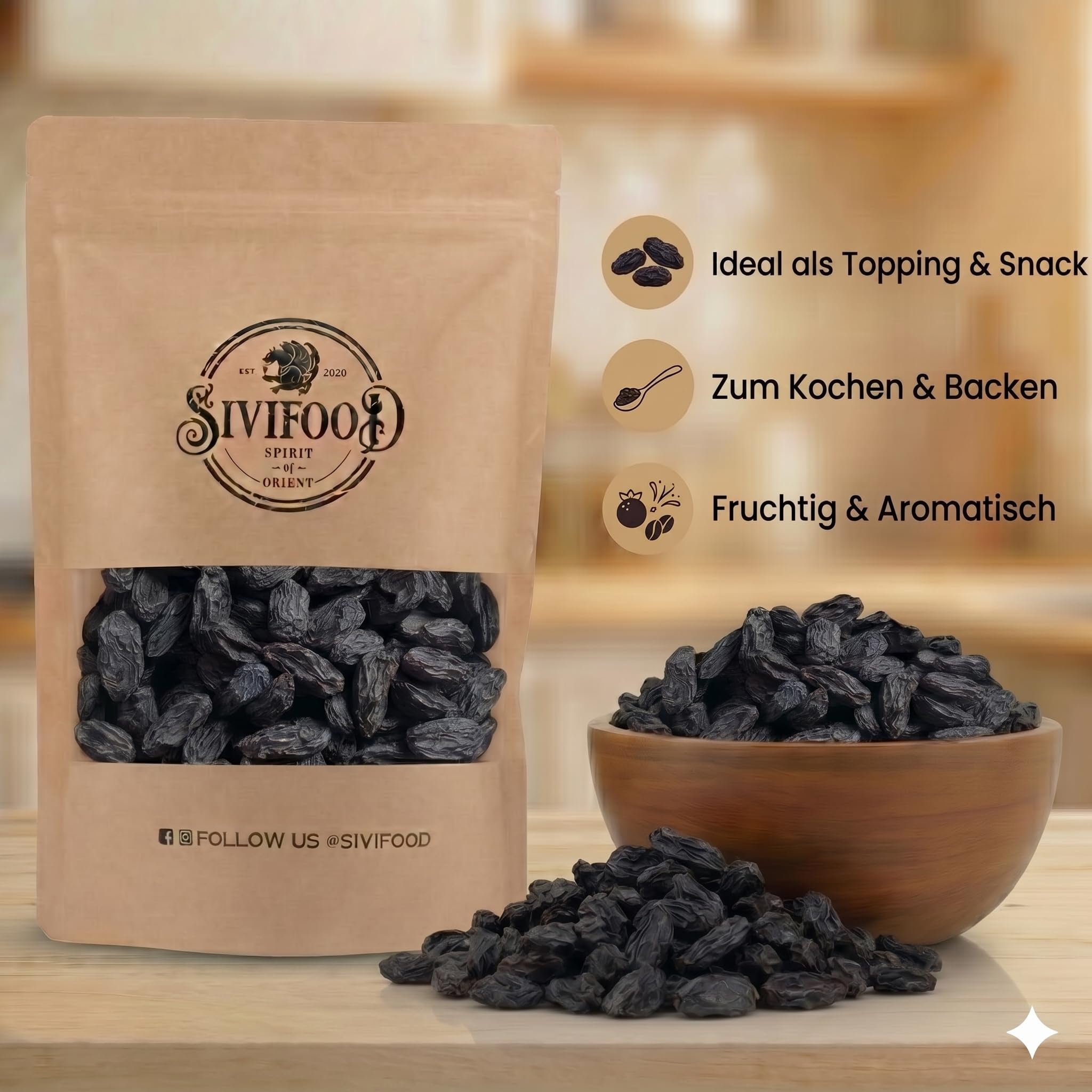 SIVIFOOD uvetta nera Jumbo senza zuccheri aggiunti 1kg – Naturale, dolce e succosa non solforate – Qualità premium – Ideale per snack, dolci, muesli o cucina – 100% frutta essiccata uva passa nera