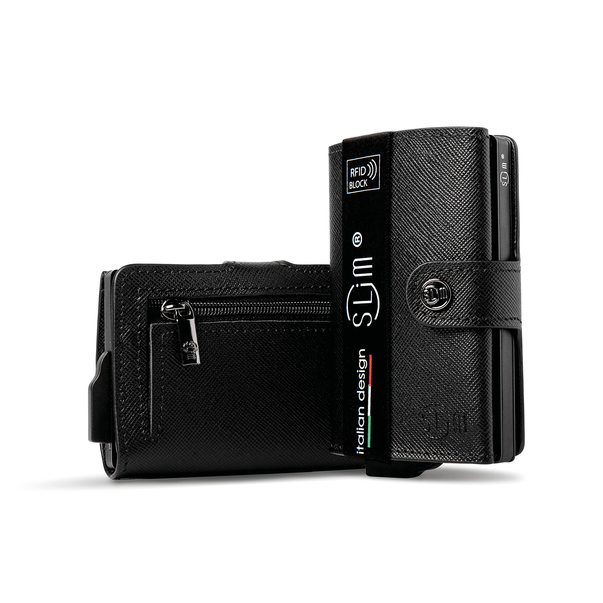 SLim Porta Carte di Credito Schermato Portafoglio Uomo Rfid Portatessere Anticlonazione Donna Portacarte Uomo (Saffiano Nero, Con Zip)