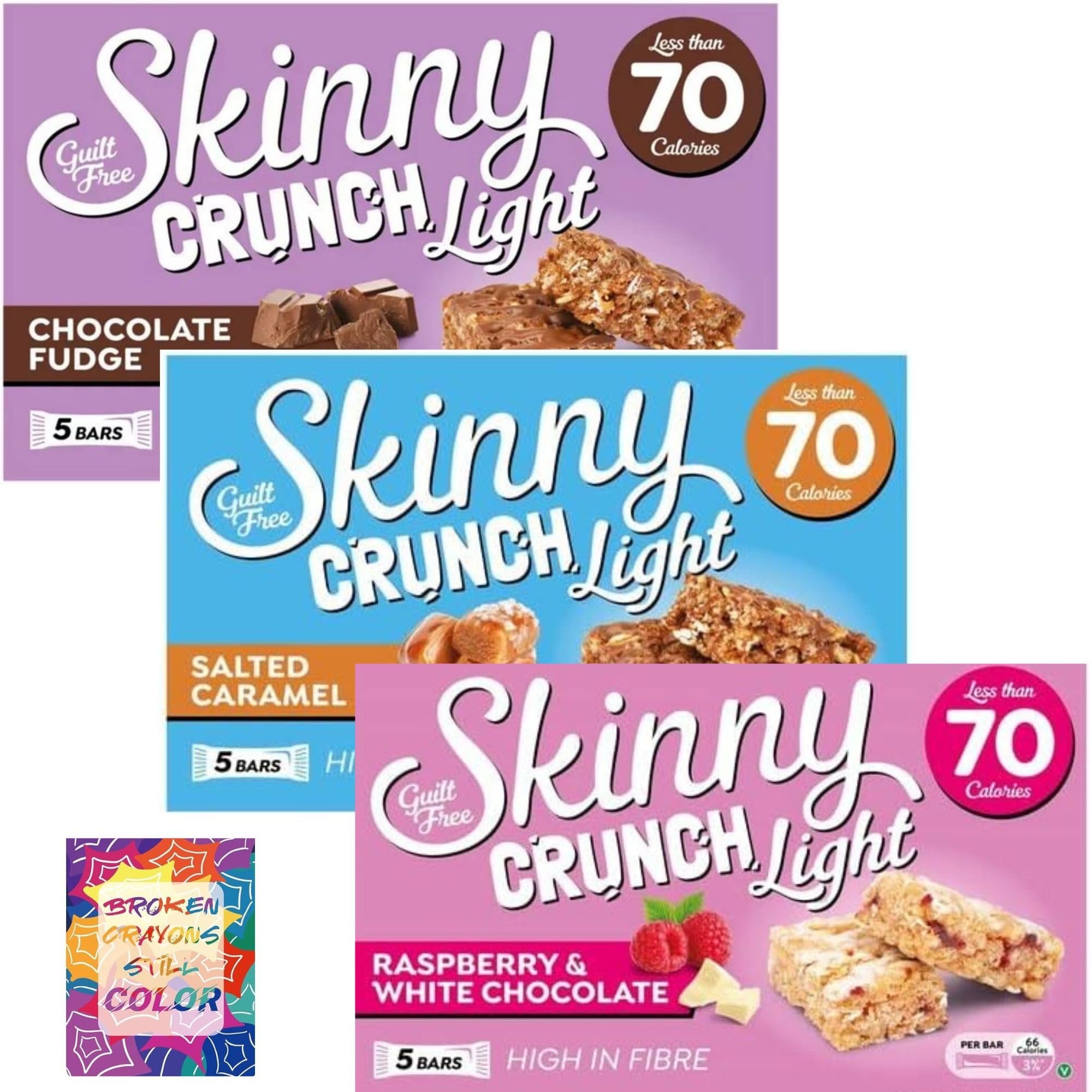 Skinny Crunch Light Raspberry & White Chocolate 5X19g, Skinny Crunch Light Salted Caramel 5X19g, Skinny Crunch Light Chocolate Fudge Bars 5x19g With Oerich Card