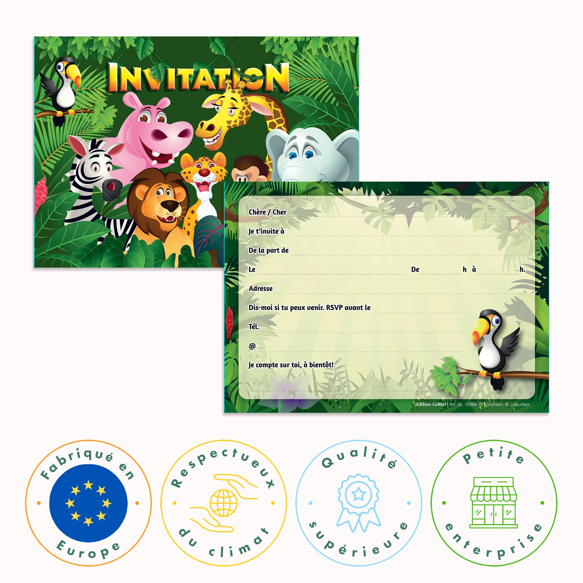 Edition Colibri (10968 FR Lot de 10 Cartes d‘invitation ANIMAUX DE ZOO en Français pour un anniversaire d‘enfant ou pour une partie au zoo