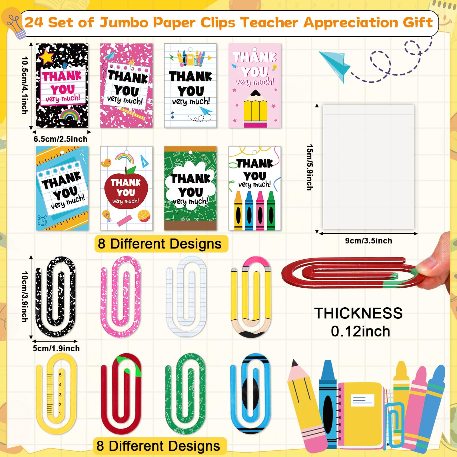Jumbo-Büroklammern, 24 Stück, für Lehrer, Wertschätzung, Geschenk, klare Acrylklammern, Lesezeichen, Geschenk mit Dankeskarten, niedliches Büroklammer-Design für Lehrer, Büro, Klassenzimmer