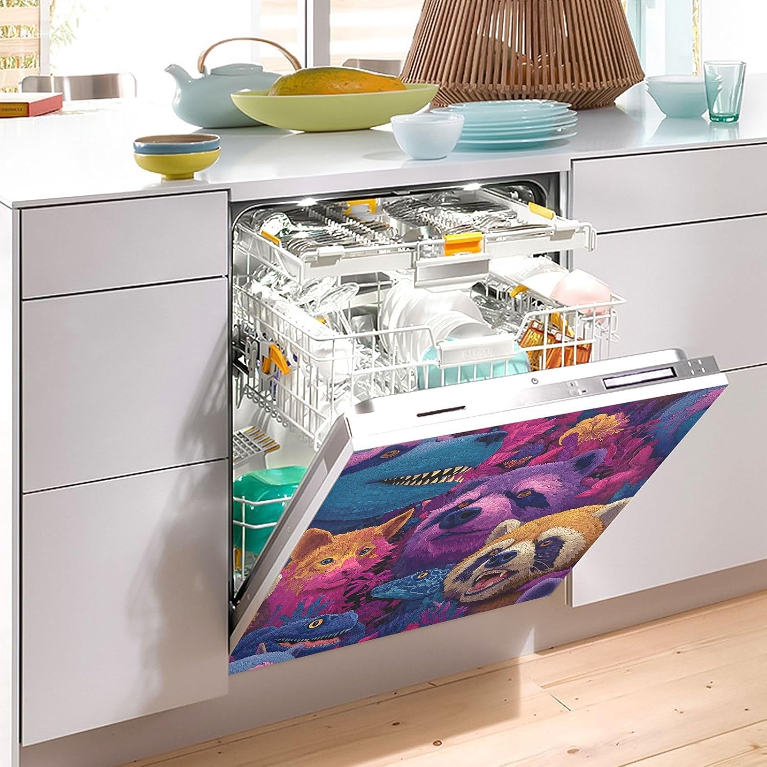 QUGRL Animal Faces Colorful Dishwasher Magnet Cover Front Door Fox Bear Decorative Refrigerator Covers Magnetic Sheet Sticker Wash Machine Fridge Panel Decal for Kitchen Appliance 23x26 in