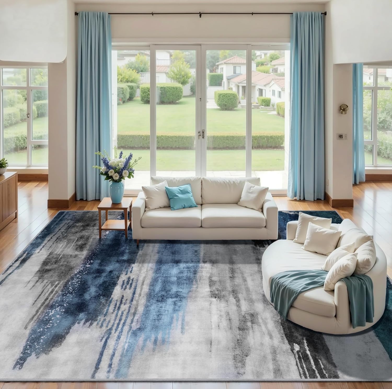 ciicool modern abstract deep blue gray rug for living room, 9'x12' machine washable area rug non-slip rug, low-pile contemporary indoor dining floor carpet for bedroom office under table home decor 9' x 12' (rectangular) navy grey