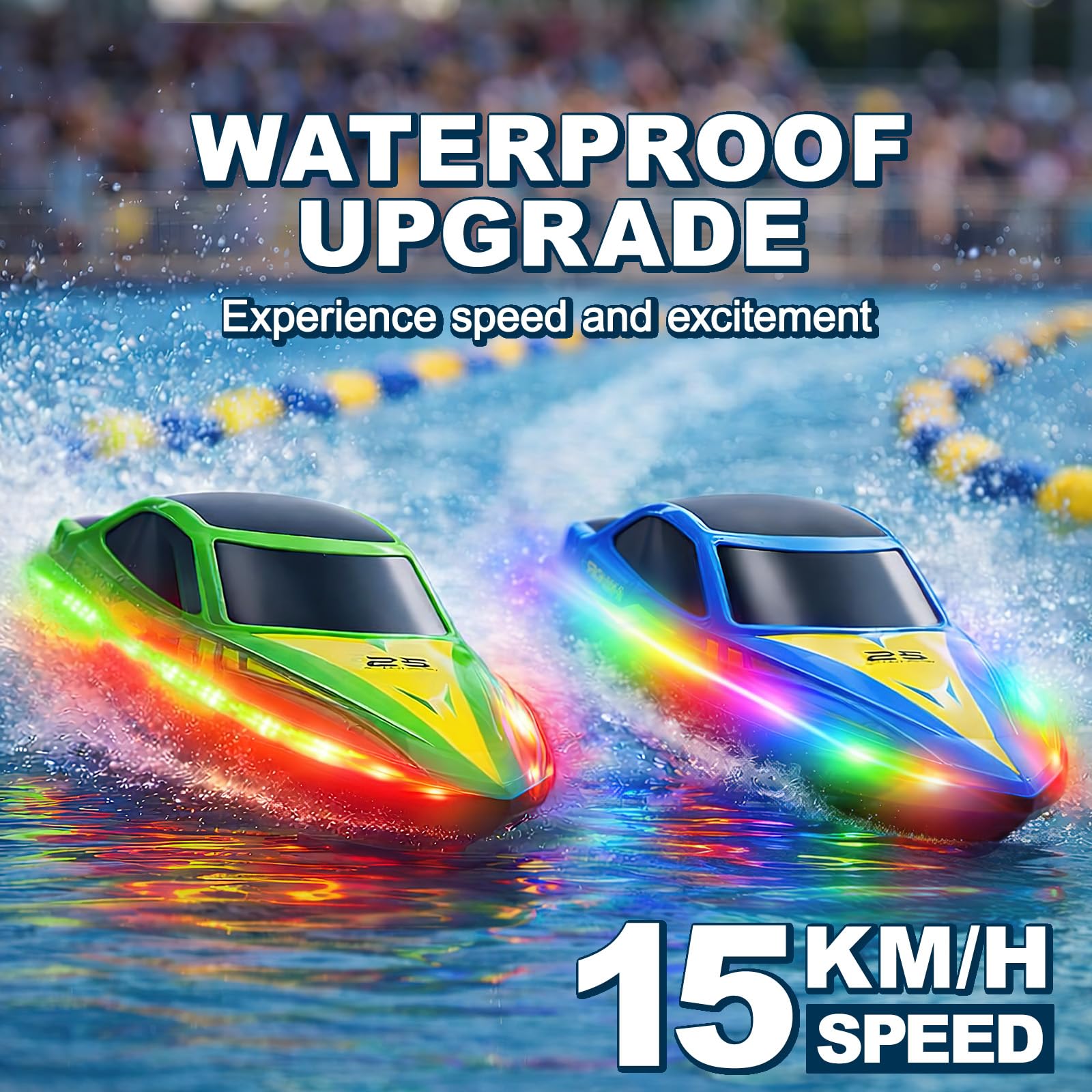Barco Teledirigido RC 2 Unidades con Luces LED 7 Modos,hasta 15 km/h,Control Remoto 2.4GHz, Auto Flip, Alerta de Batería Baja y Distancia,4 Baterías, Barco RC Piscina y Lago, Regalo para Niños y Niñas