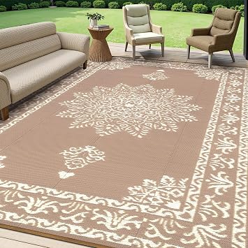 YAMAZIOT Outdoor Rugs 6x9ft Waterproof Plastic Straw Patio Rug Reversible Backyard Carpet UV Resistant Portable RV Mat Clearance Large Indoor Outdoor Rug for Patio Porch Deck Balcony Brown