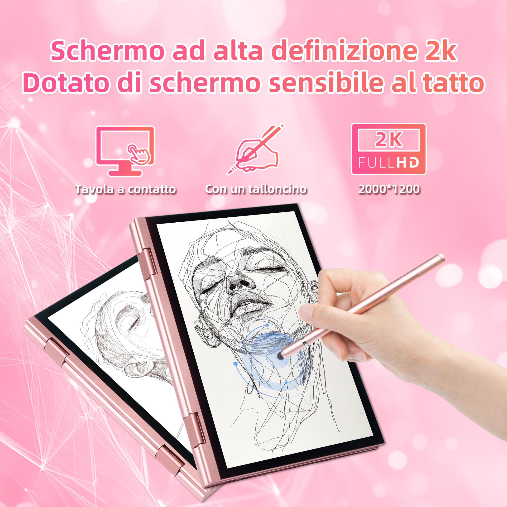 Mini Laptop 2 in 1 10.95" Touch Screen Notebook Convertibile 360° Win 11 Pro Celeron N95 16GB DDR5 256GB SSD 2000x1200 Tastiera Italiana Retroilluminata Stilo Oro Rosa