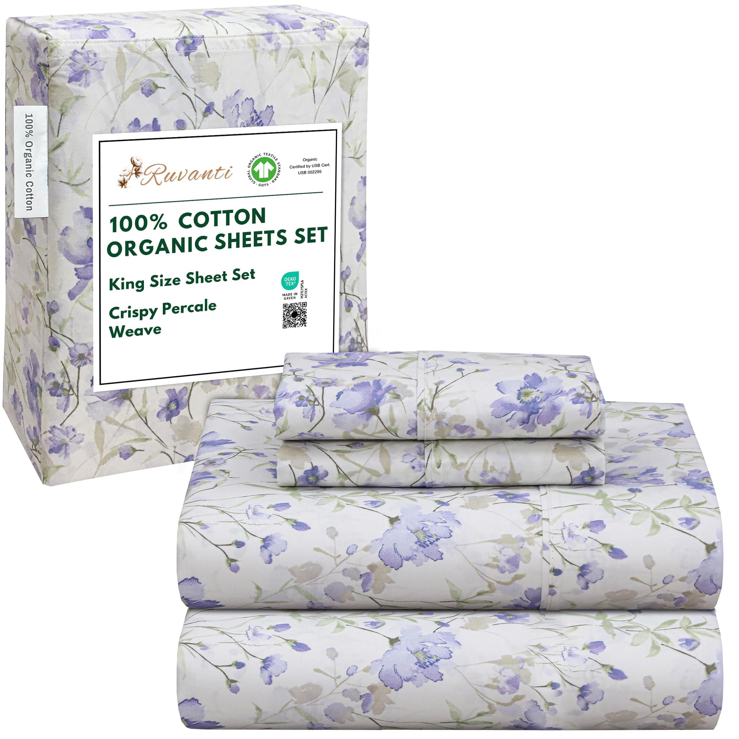 RUVANTI 100% Organic Cotton Sheets King Size, Percale Weave, GOTS Certified, 4-Piece Set, Deep Pocket 15", Crisp & Breathable, Soft Durable Bedding, Sábanas Algodón Orgánico – Heather