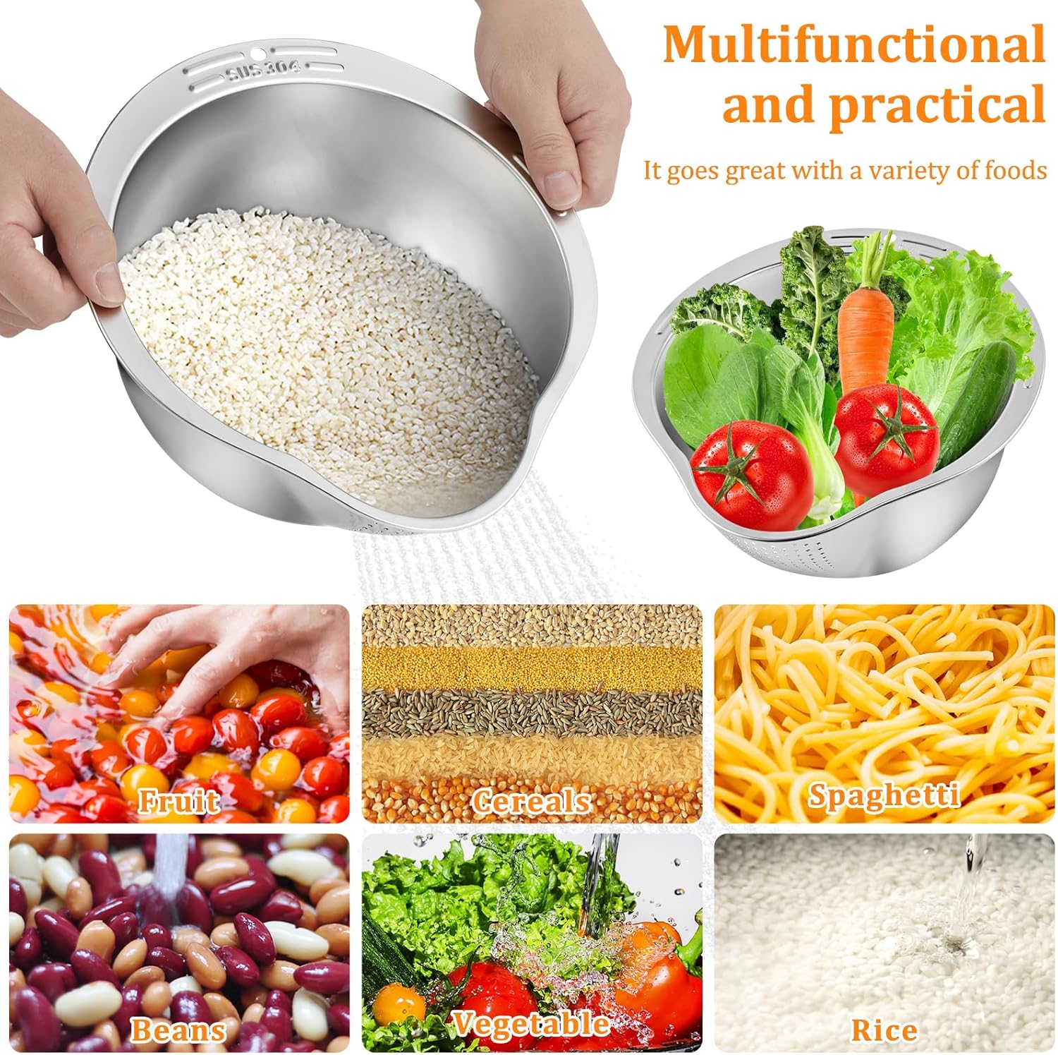 2 Pack Rice Washing Bowl,Stainless Steel Microporous Colander, 9.45in/24cm Strainer Set with Side Drainer, Salad Mixing Bowl Strainers for Washing Fruit,Vegetables,Noodle, Bean, Pasta