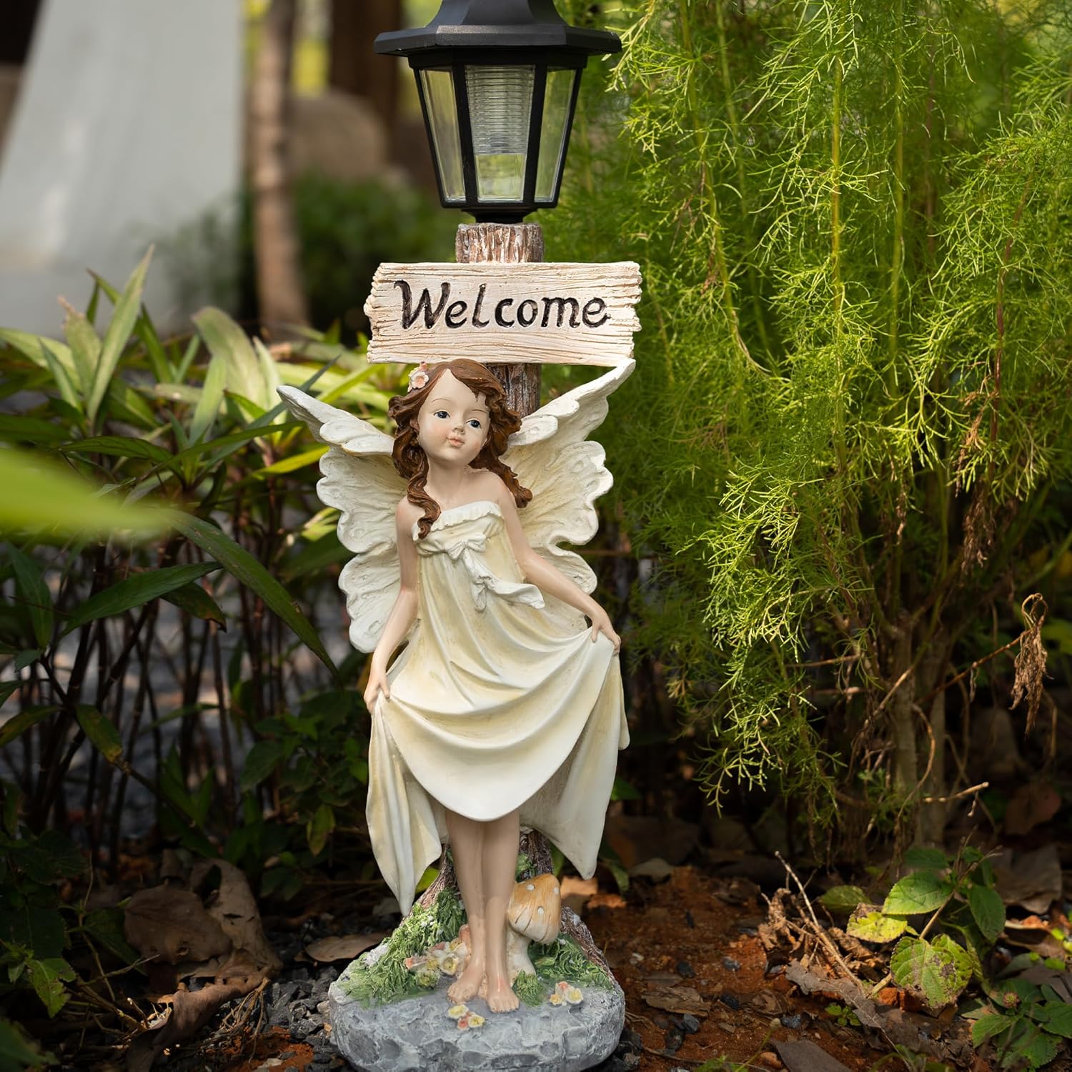 Garden Fairy Solar Light Welcome Sign, 22" in Height, Decorative Outdoor Statue with Auto Light-Up Feature