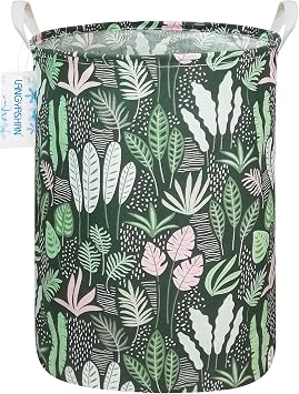 Round Laundry Basket Collapsible Storage Hamper Organizer Full Leaf | Waterproof Canvas Foldable Baskets with sturdy Handles Multi-scene Organizer for Home Play Bedroom Gift Bin