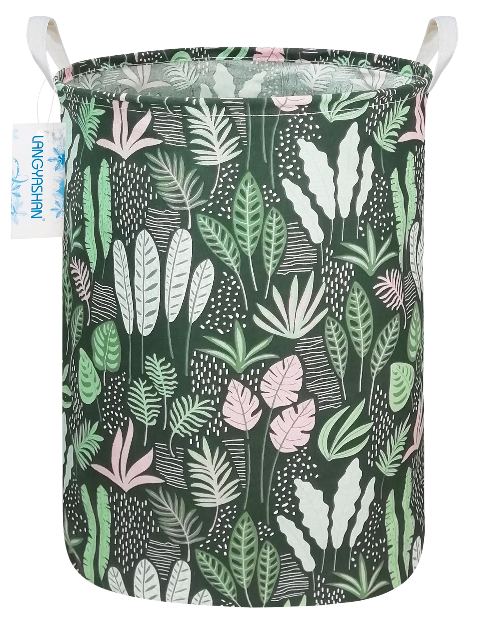 LANGYASHAN Laundry Basket Canvas Fabric Collapsible Organizer Basket for Storage Bin Toy Bins Gift Baskets Bedroom Clothes Children Nursery Hamper (Round Leaf)