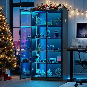 Lvifur 5 Tier Display Cabinet for Living Room, LED Bookcase with Human Body Induction Lights, 65” Tall Curio Cabinets with Adjustable Shelves for Office (Black)