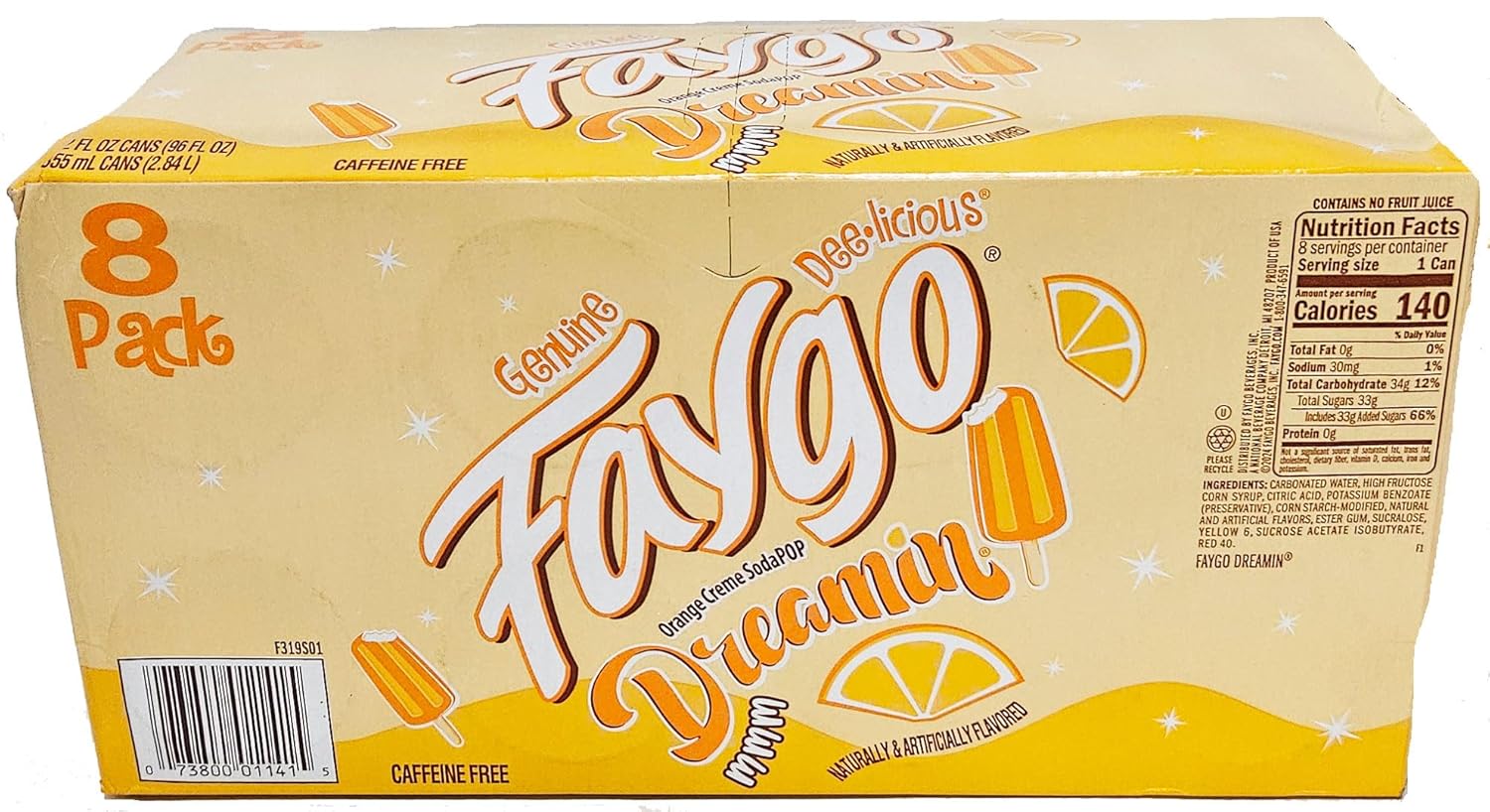Faygo Dreamin orange creme soda pop, 12-ounce cans, 8-pack