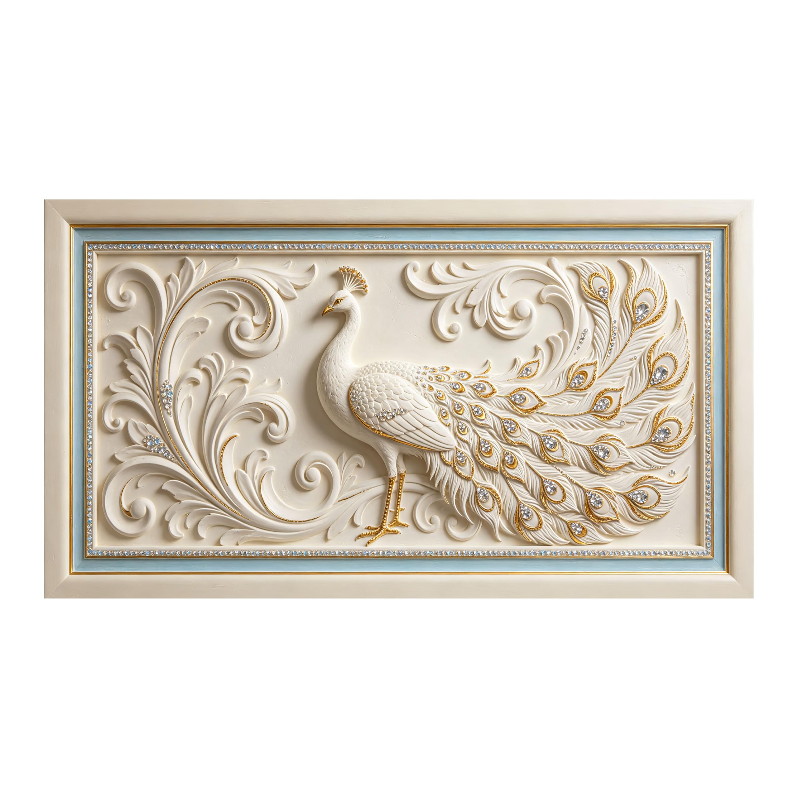 Yzpallescene 3D Framed Wall Art White Peacock Baroque Relief Large Size SelfAdhesive Removable Wall Decor Prints Artwork for Living Room Bedroom Office