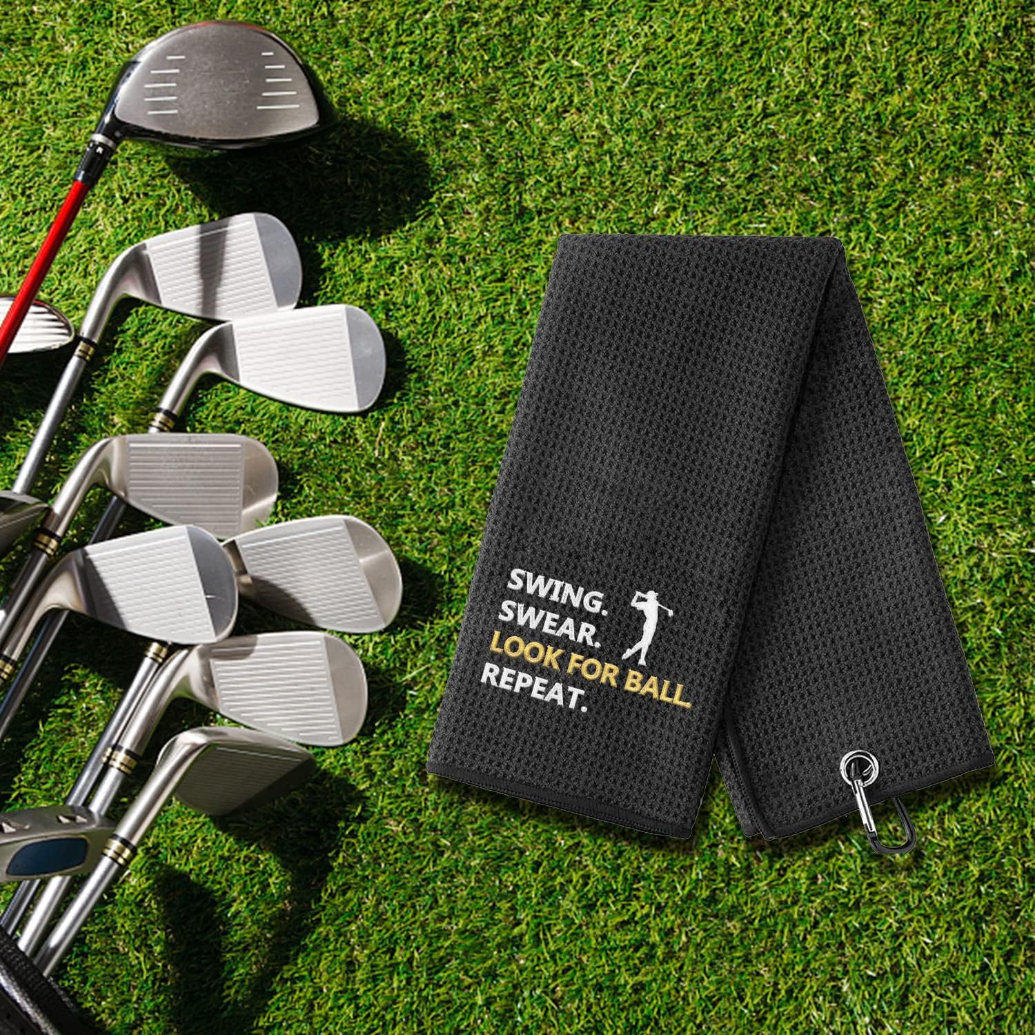review Funny Golf Towel for Men Woman Golfer Gifts for Men Embroidered Golf Towels for Golf Bags with Clip，Golf Accessories for Men，Birthday Gifts - Swing Swear Look for Ball Repeat