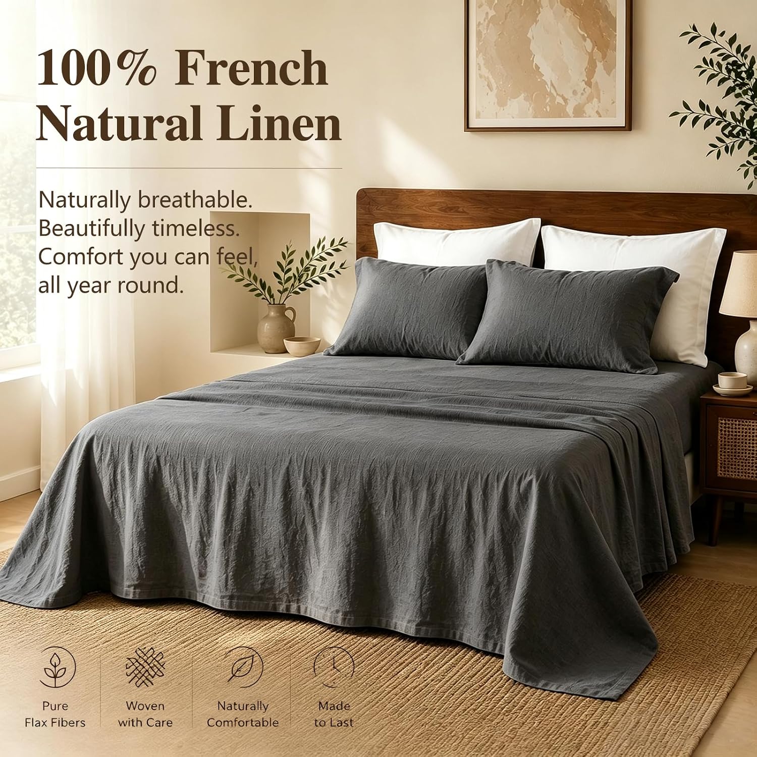 MEISHANG 100% French Linen Sheets California King,4 Pcs,18-24" Deep Pocket