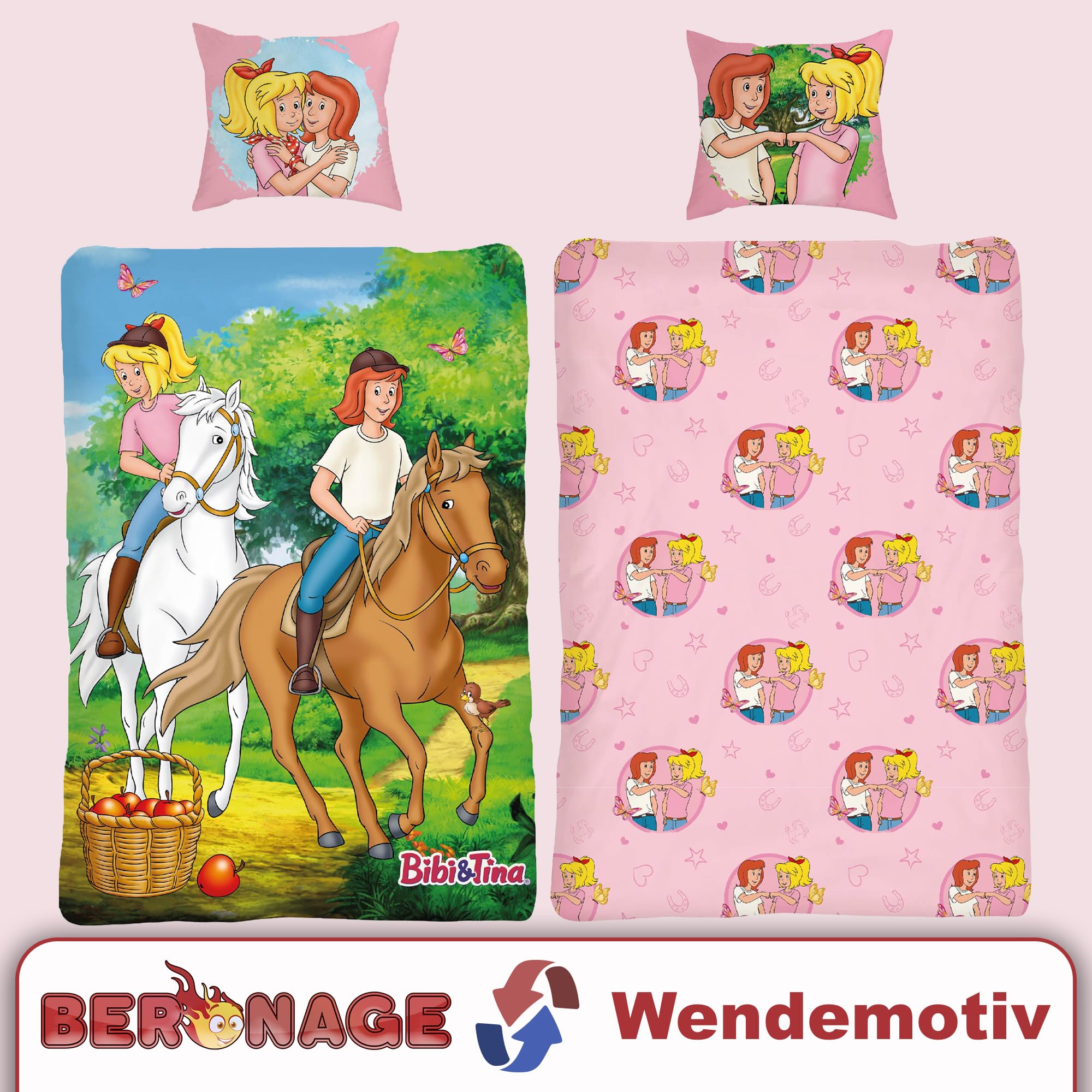 BERONAGE Bibi und Tina Kinderbettwäsche Pferde - 135 x 200 cm + 80 x 80 cm – 100% Baumwolle Renforcé-Linon – Bettwäsche mit Motiven von Amadeus & Sabrina - Reiten - Reißverschluss, deutsche Größe