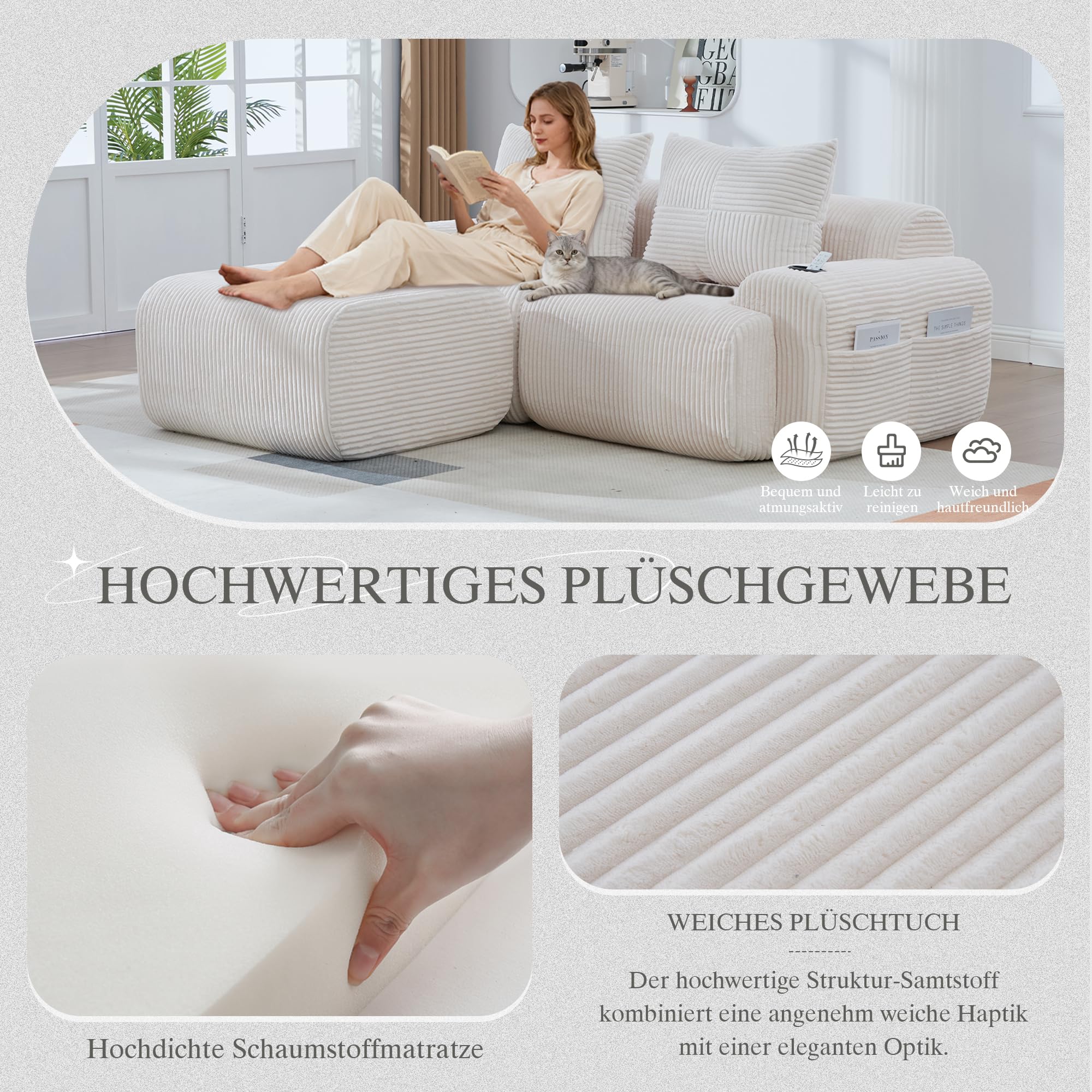 Bladez Sofá modular en forma de L, sofá de 2 plazas de cordón moderno con taburetes, sofá de asiento profundo sin montaje, con portavasos y bolsillo lateral, para sala de estar (Beige, 2 plazas+1)