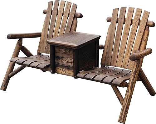 Outsunny Silla Adirondack doble de madera con cubeta de hielo insertada estética rústica y materiales resistentes a la intemperie
