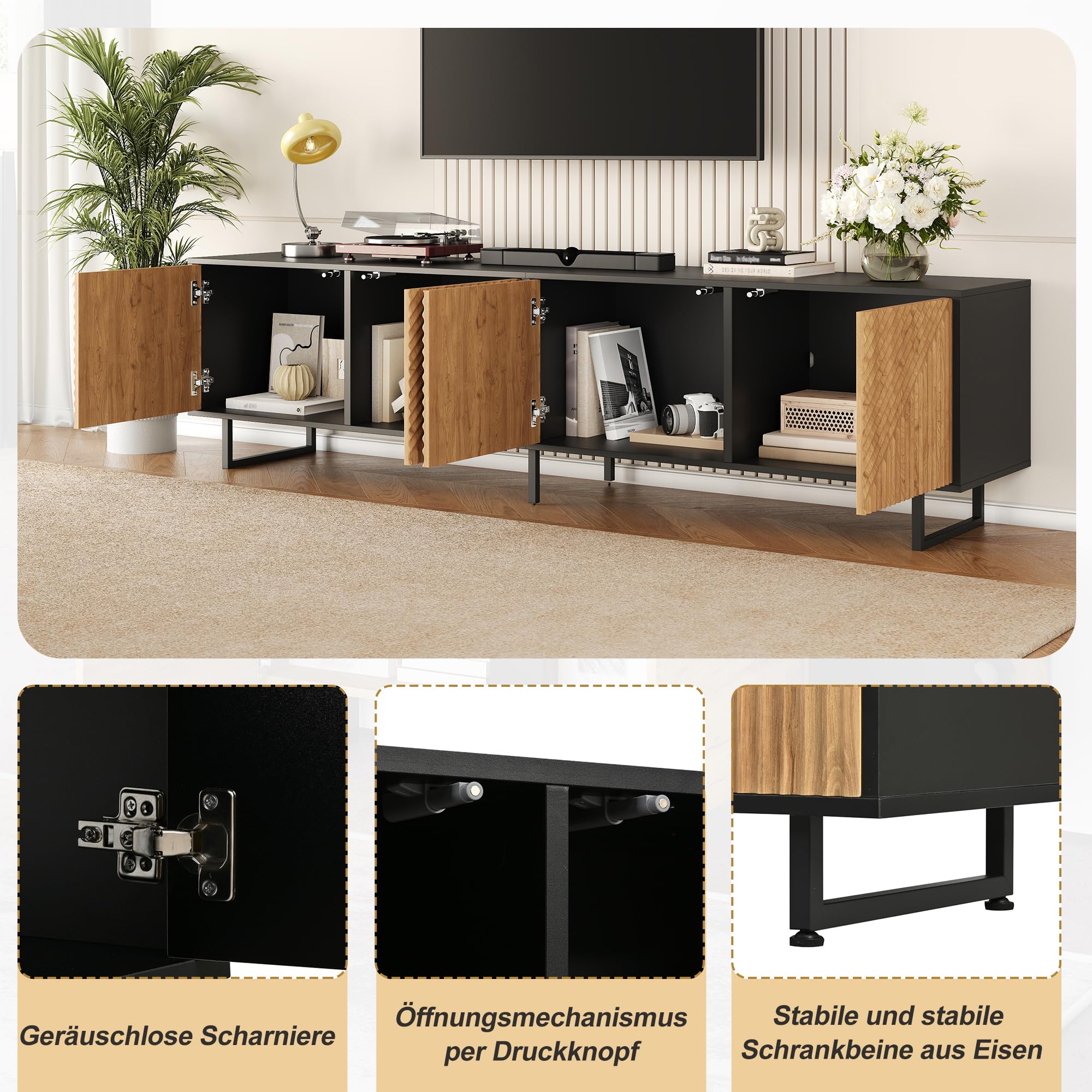 Stojak pod telewizor 180 cm na telewizor 80-calowy, czarny, z 4 drzwiami, nowoczesny stolik konsolowy 180 x 40 x 50 cm, stylowe centrum rozrywki (Nor-4Z)