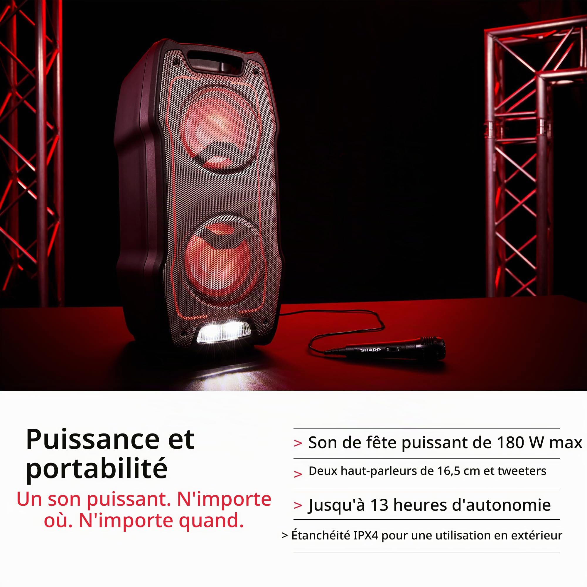 SHARP PS-931 Party Speaker, microphone, TWS, Bluetooth, 2xUSB, 2 ports 6,3 mm pour microphone et guitare, lumières multicolores, 180W P.maxima, batterie lithium intégrée avec jusqu'à 13 heures de lec.