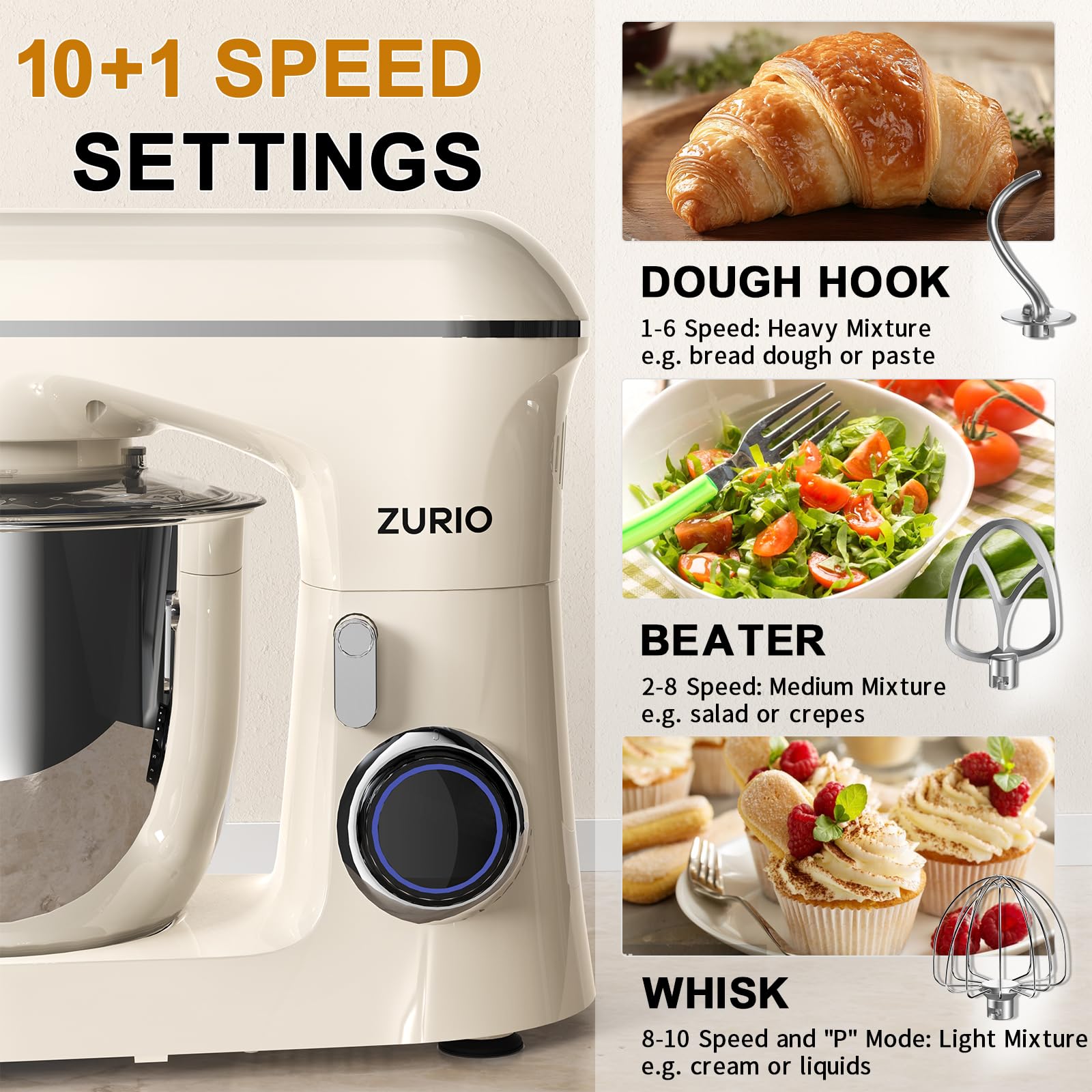 Robot Patissier 1300w Zurio 5.5L Batteurs Et Robots Portable à 10 Vitesses Avec Fonction De Silencieuse, Avec Accessoires Crochet à PâTe, Fouet, PéTrin Argent (Cream)