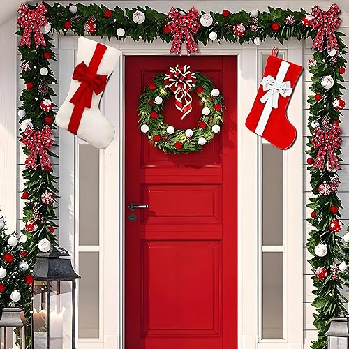 Miniatura 4 de Medias de Navidad rojas con lazo, medias de Navidad grandes de felpa de 18 pulgadas para chimenea, árbol de Navidad, fiesta de vacaciones,