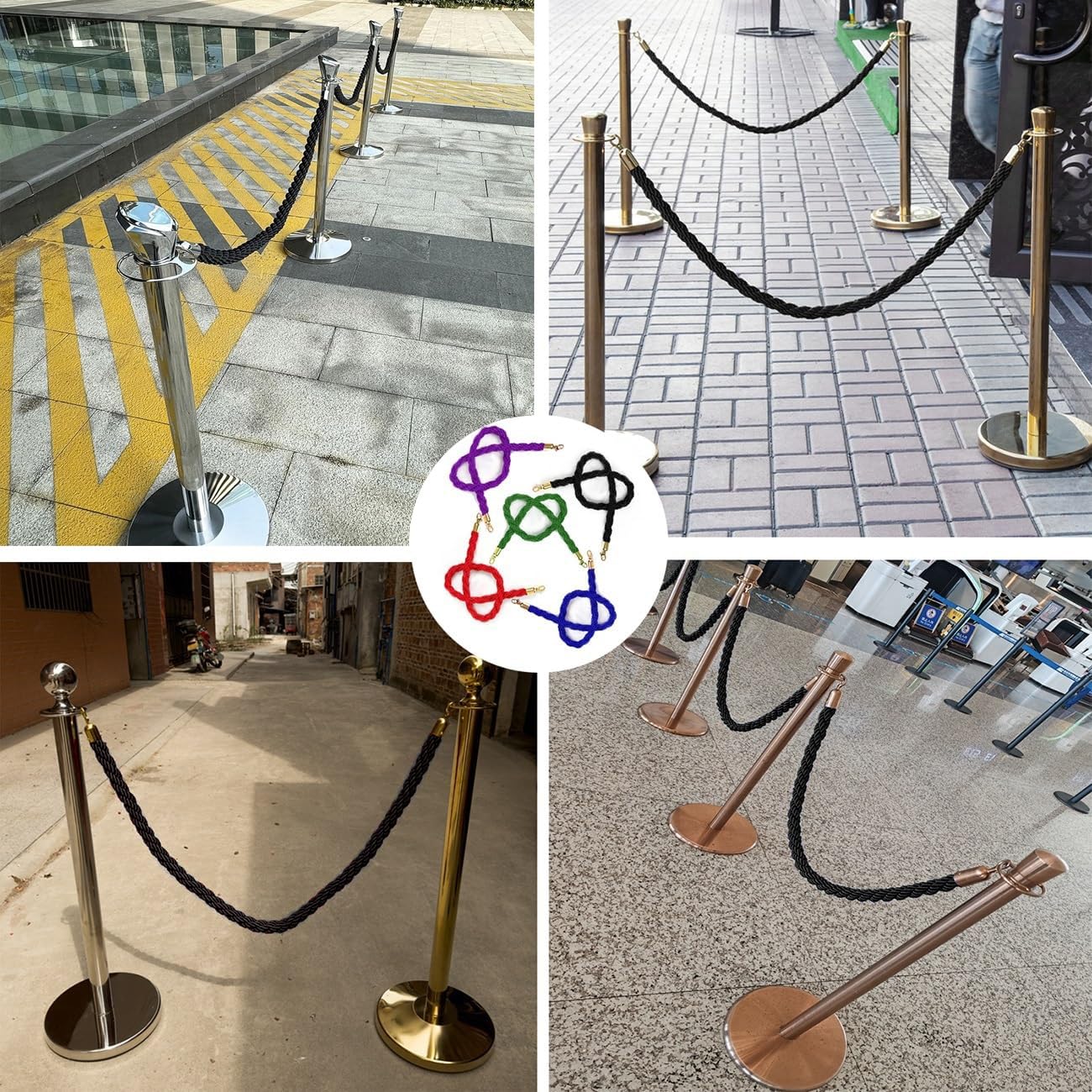 Lot de 4 cordes torsadées en nylon noir de 3,4 m avec crochets polis – Barrières de contrôle de la foule durables pour événements, festivals et gestion des files d'attente