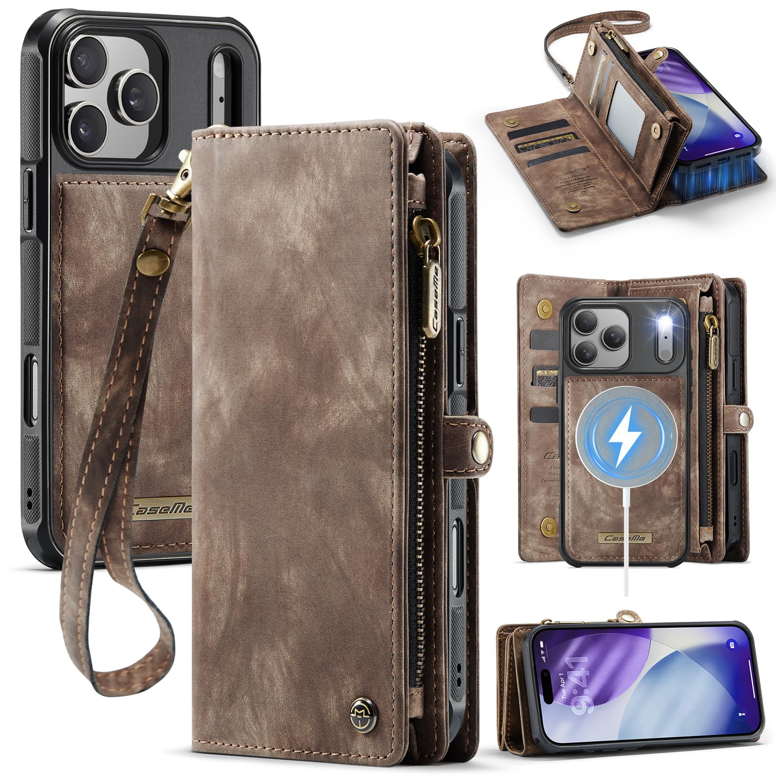 Etui portfelowe na iPhone'a 17 Pro, z 8 przegródkami na karty, magnetyczne zamknięcie, kieszeń na zamek błyskawiczny, odpinane magnetyczne etui 2 w 1, wysokiej jakości skóra PU, z paskiem na