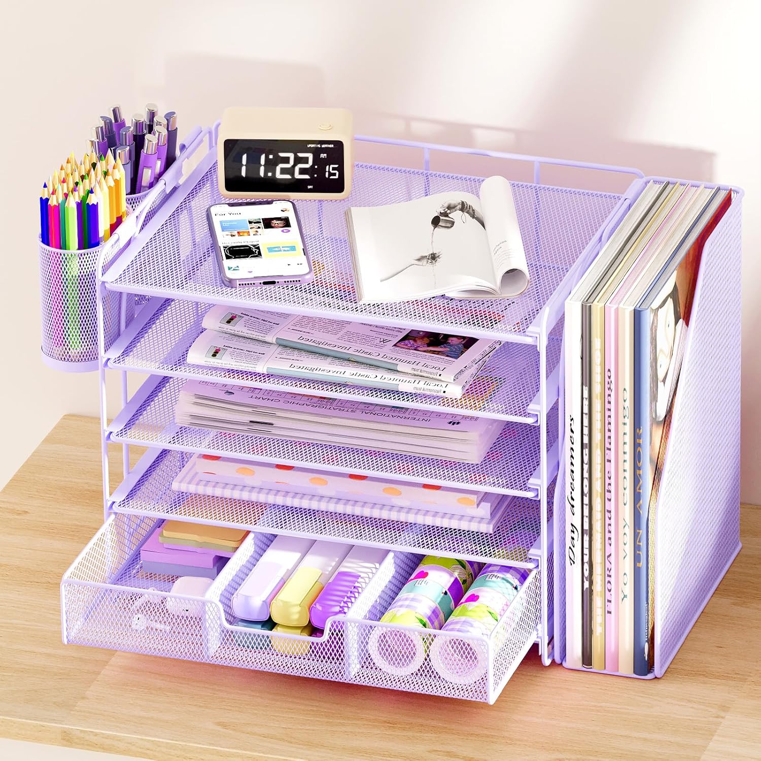 OPNICE Desk Organizer, 5-Tier Paper File Organizer with Drawer & Pen Holder, Office Desk Accessories, Workspace Desktop Organizer for Office Supplies(Purple) - Image 6