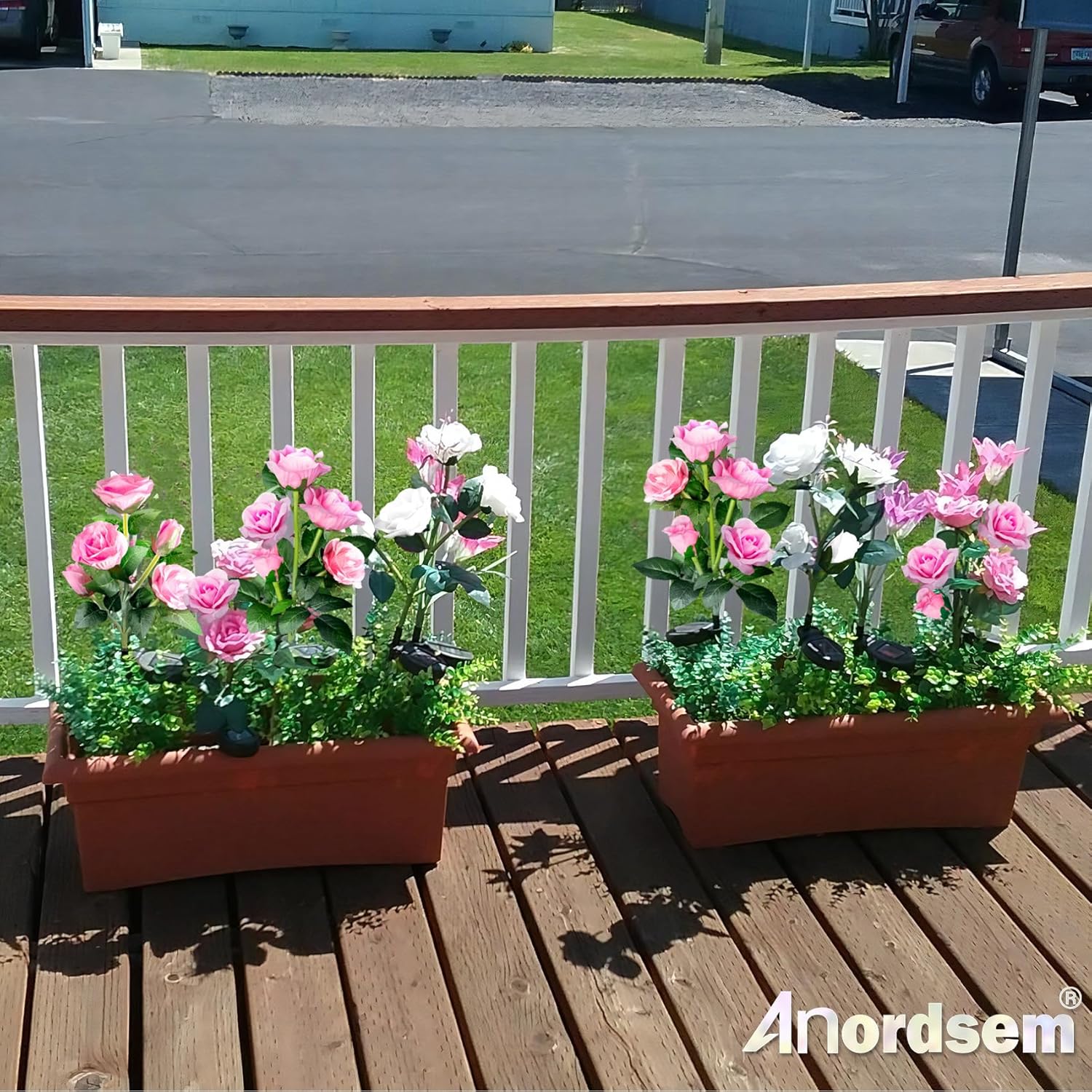 Anordsem Solar Garden Lights Outdoor: 20 Waterproof Fabric Roses 4 Pack - White LED Flower Decorations for Yard Patio Path Cemetery Grave - Birthday Gifts for Women Mom Wife