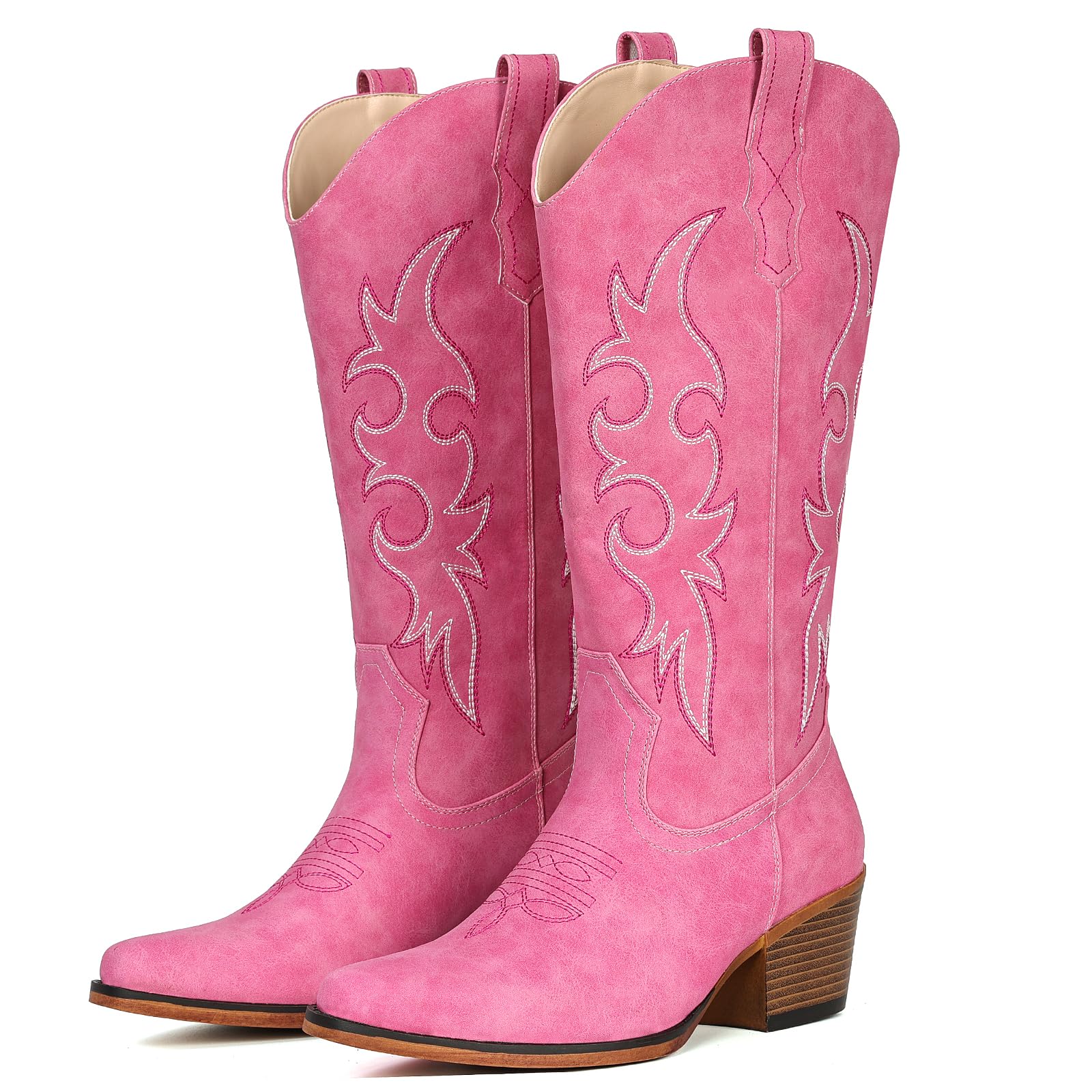 IUV Cowboy Boots For Women Western Cowgirl Boots Mid Calf Snip Toe Boot With Chunky Heel