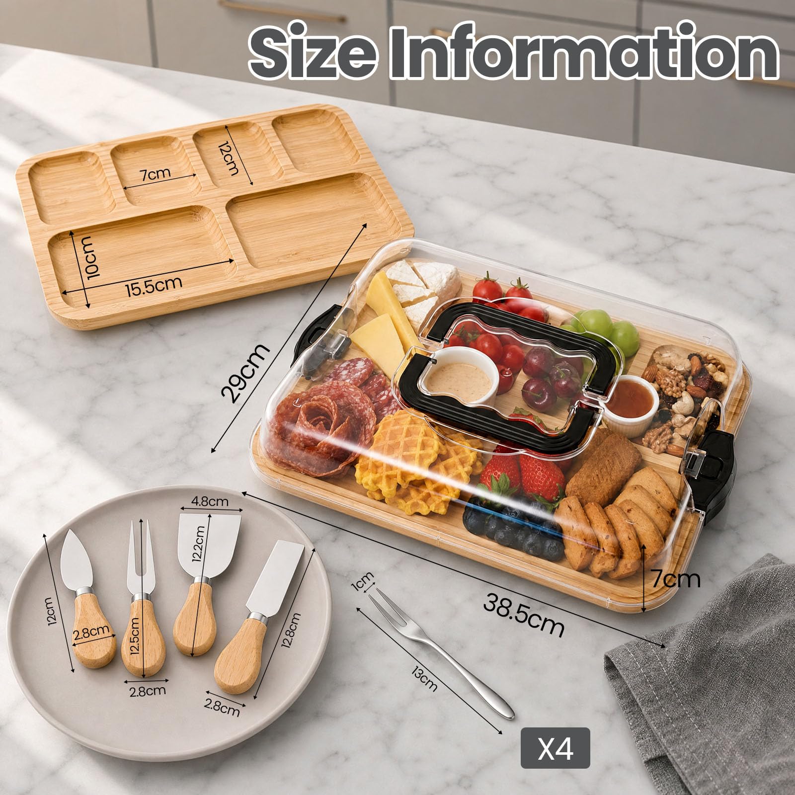 Planche à Fromage en Bambou avec Couvercle Planche de Charcuterie avec Couvercle avec 4 Couteaux + 4 Fourchettes Plateau à Fromage en Bambou pour Apéro, Pique-Nique, Tapas – Idée Cadeau