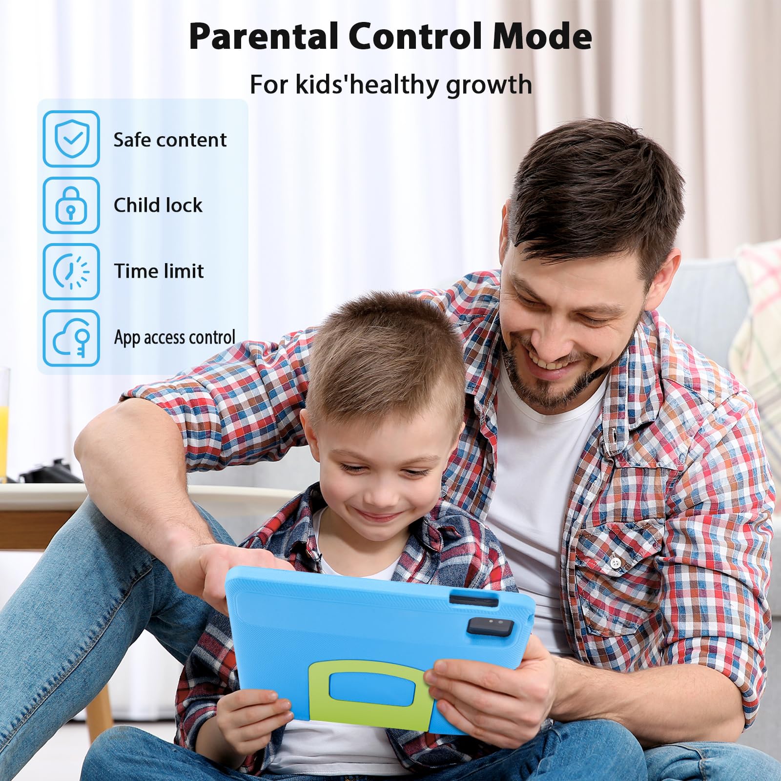 Tablet per bambini da 10 pollici, Android 14, Octa-Core 8 (4+4) GB+64 GB, dispositivo IPS HD per bambini, WiFi 6, doppia fotocamera, GMS, modalità di controllo parentale (custodia EVA blu)