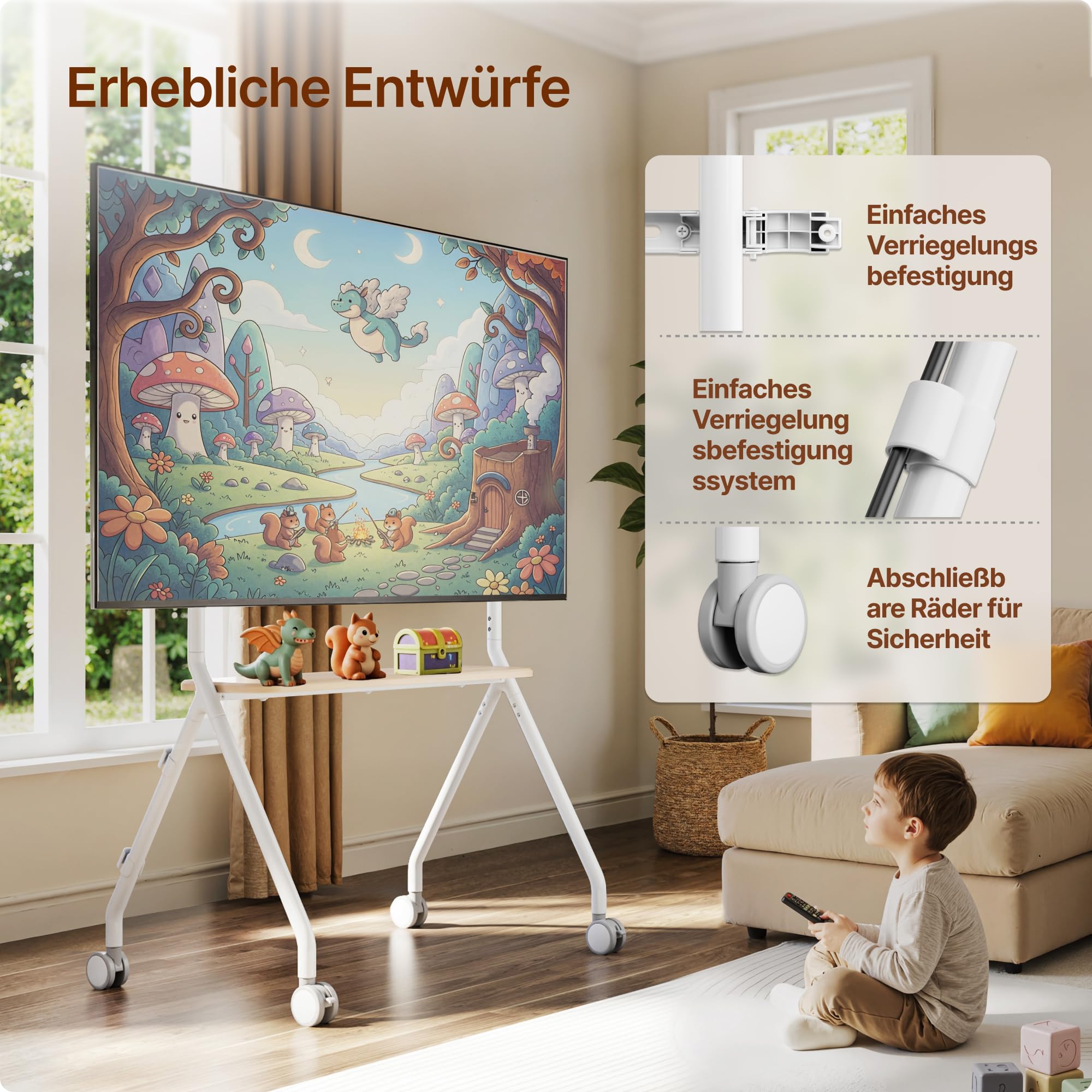 TV Ständer mit Rollen für 49-80 Zoll Fernseher bis 50 kg, Weiß | Höhenverstellbar und Schwenkbar Staffelei, Mobiler TV-Wagen mit Holztablett, Max.VESA 600*400MM, für Büro, Schule und Heim